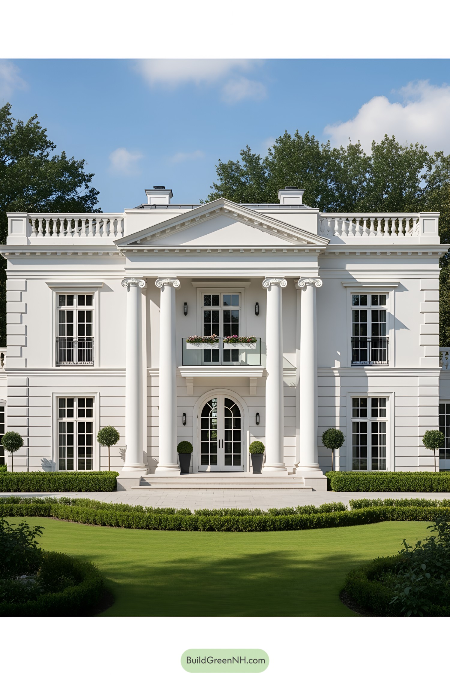 Elegant white villa with grand columns and lush garden