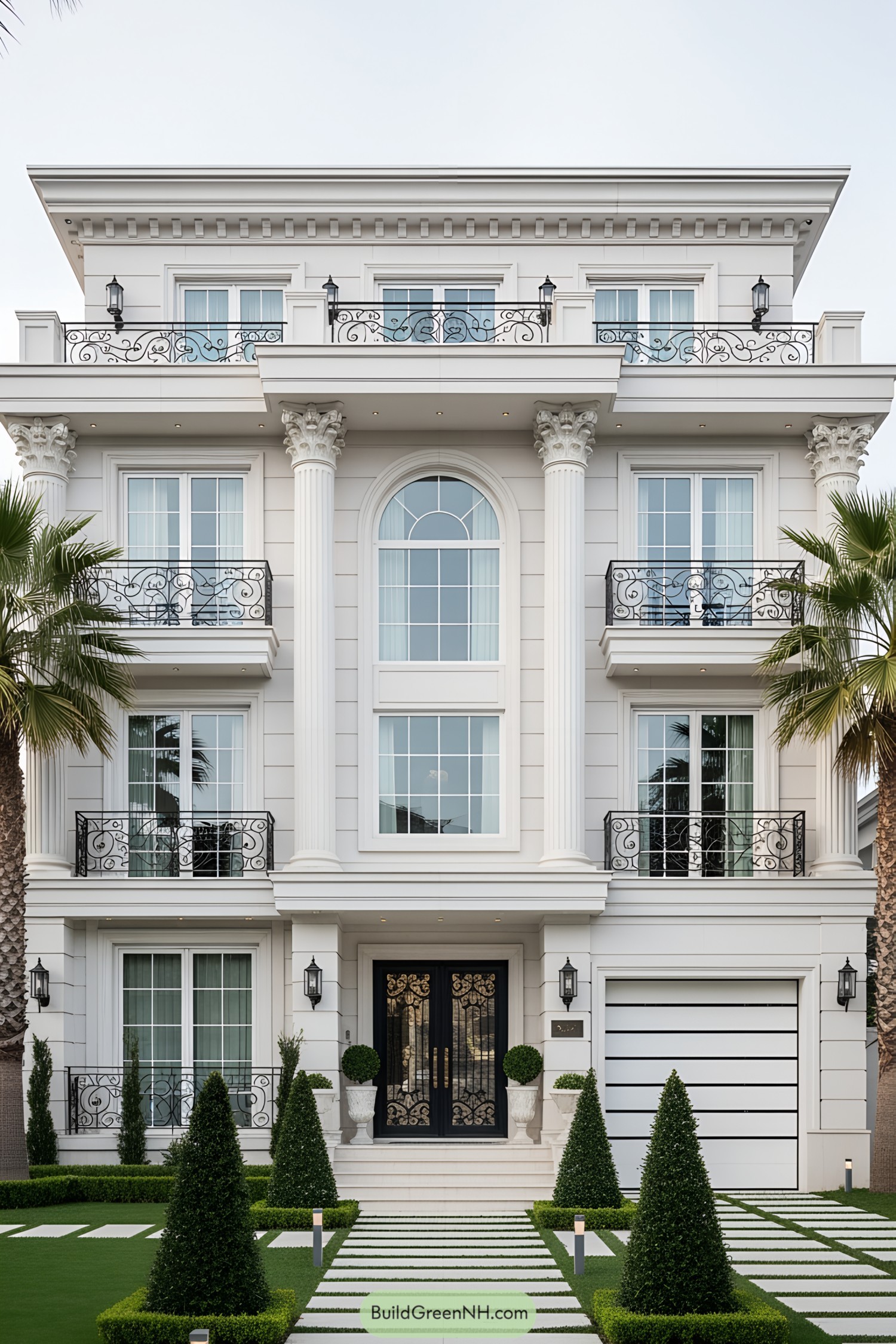 Elegant white villa with classical columns and balconies