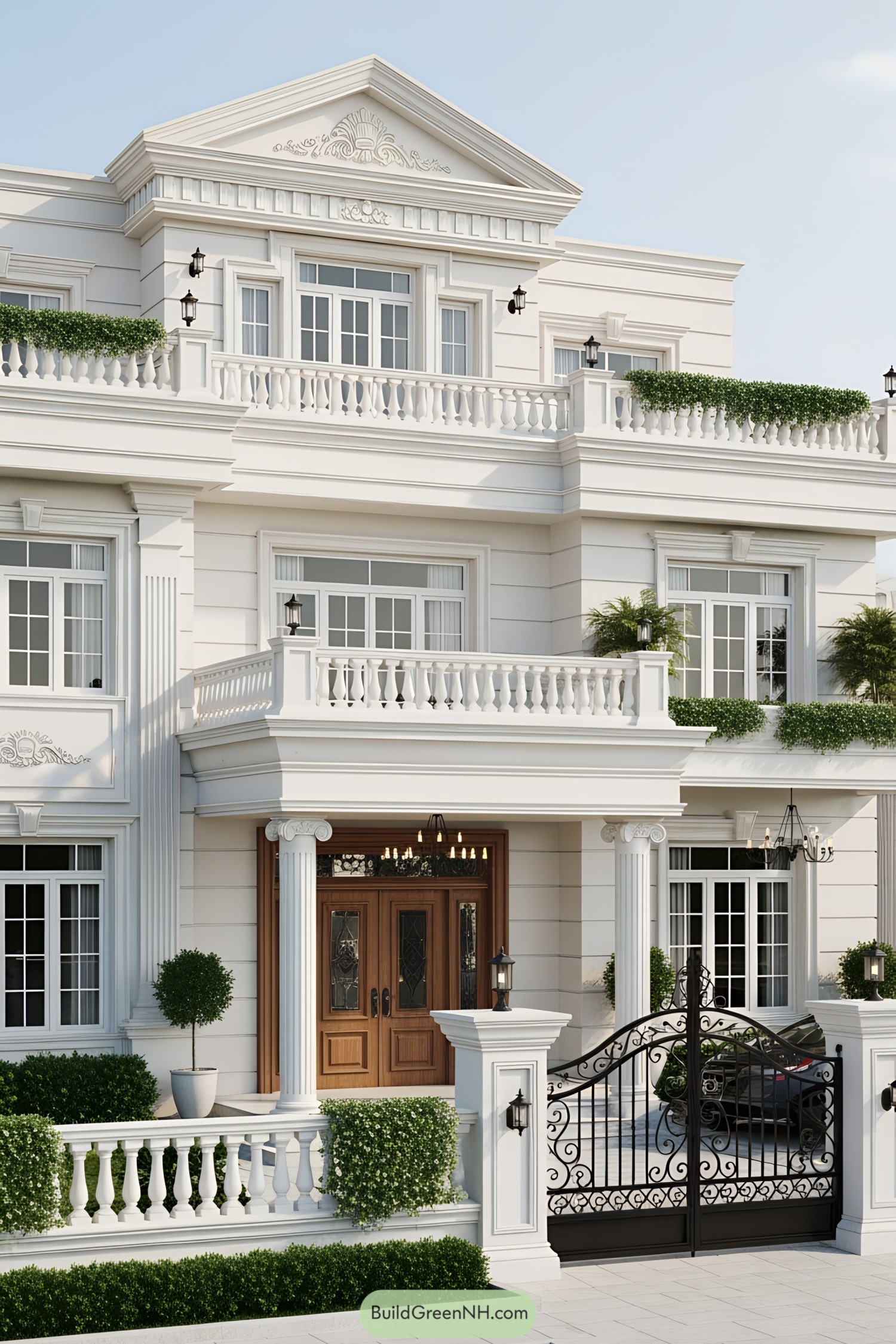 Elegant white villa with ornate columns and lush greenery