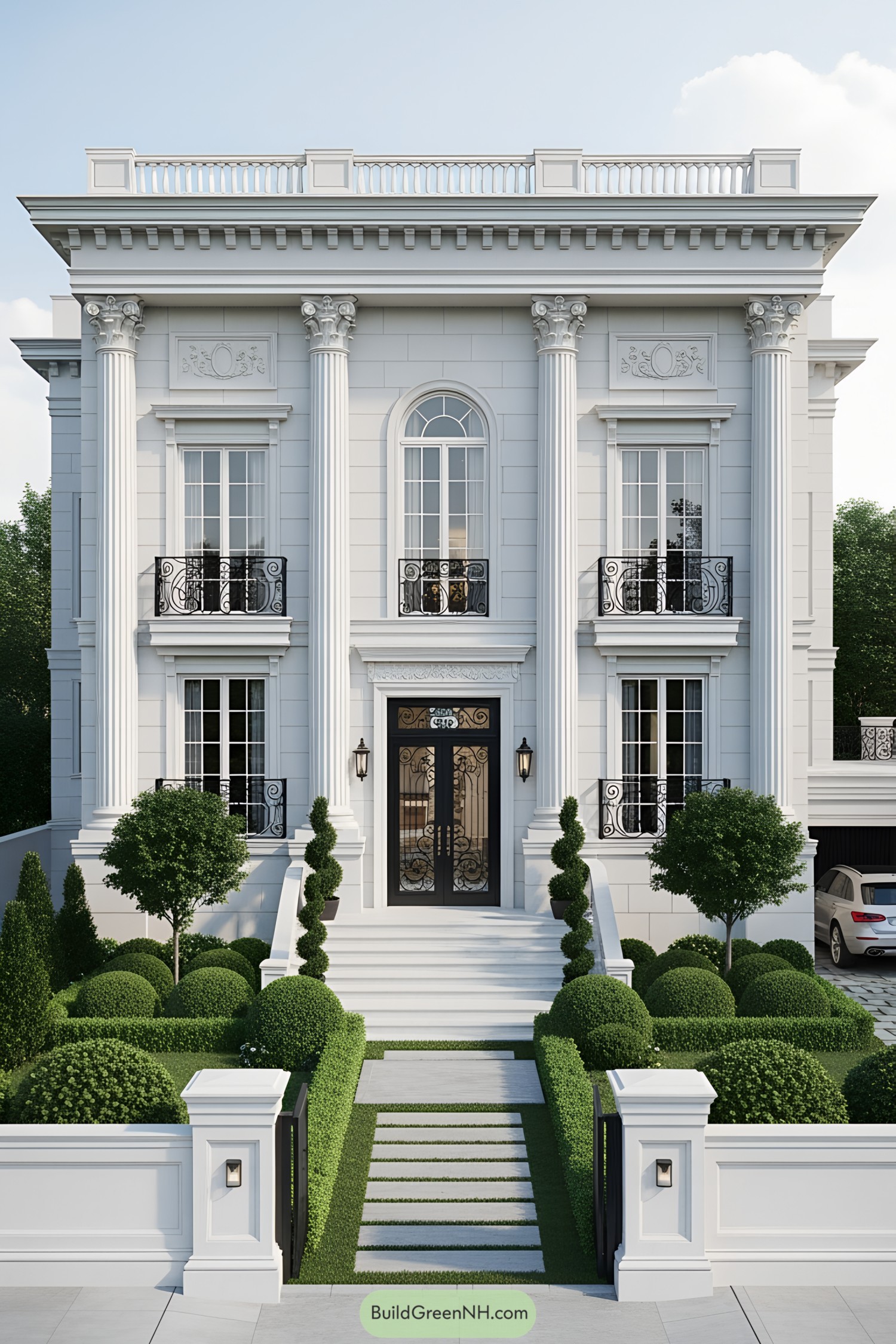 Elegant white villa with grand columns and lush landscaping