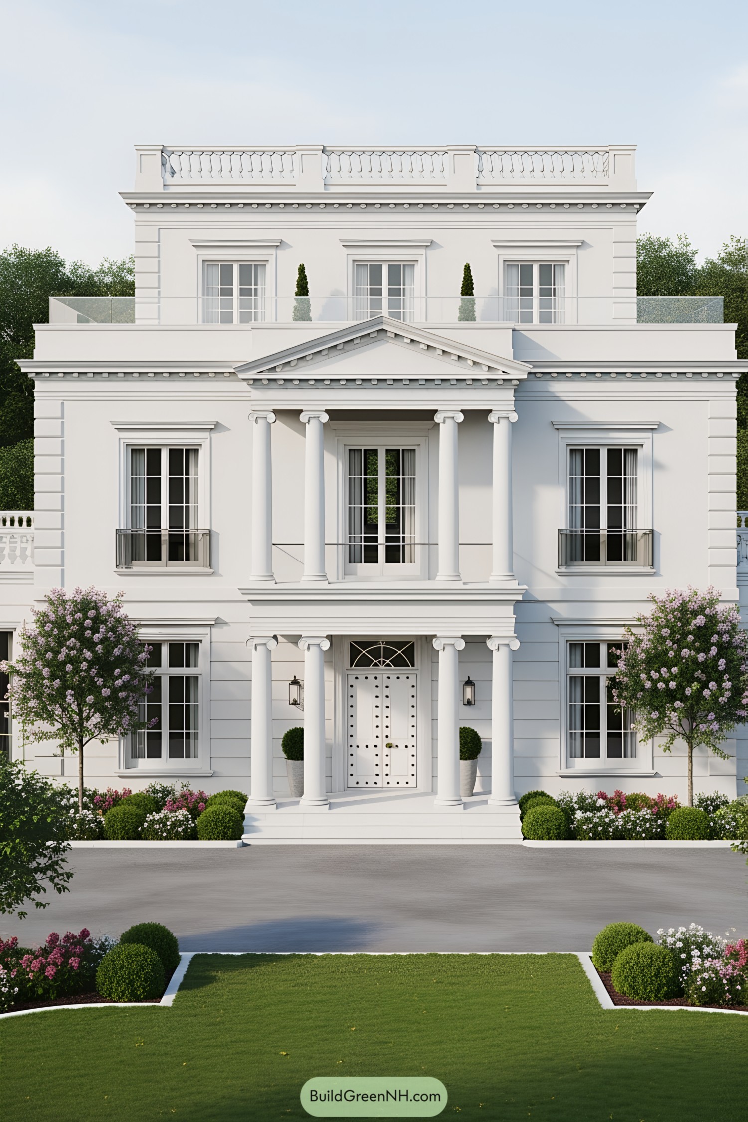 Elegant white villa with classical columns and lush greenery
