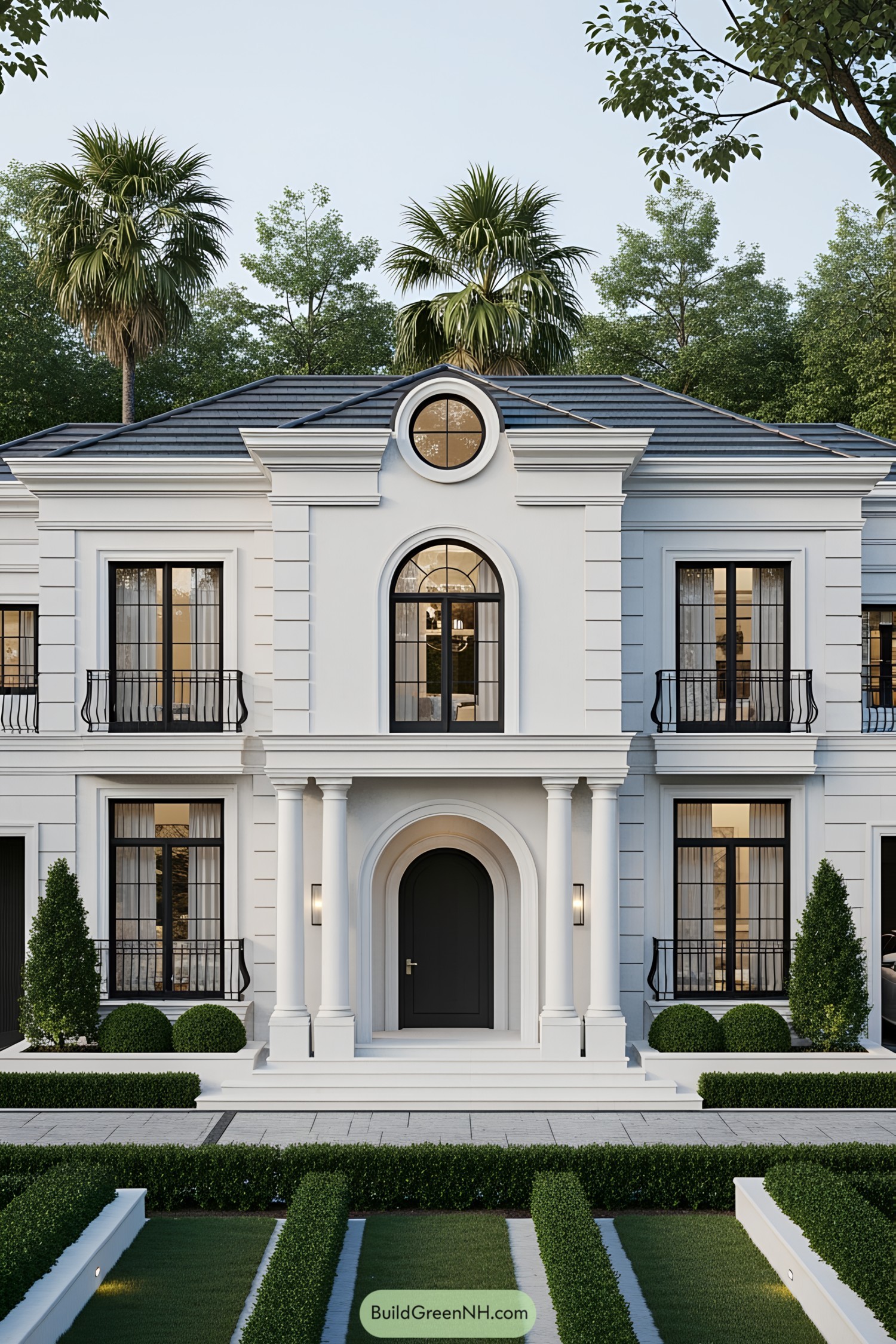 Elegant white villa with classical columns and manicured greenery