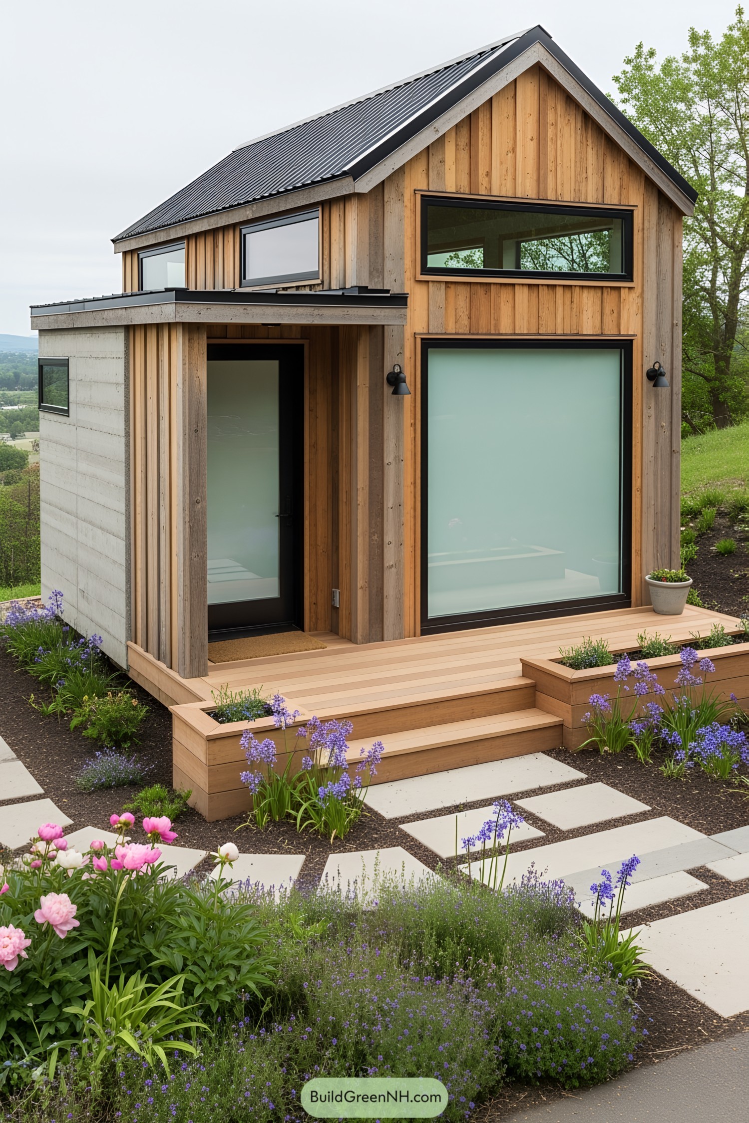 Tiny house with wooden deck surrounded by vibrant flowers