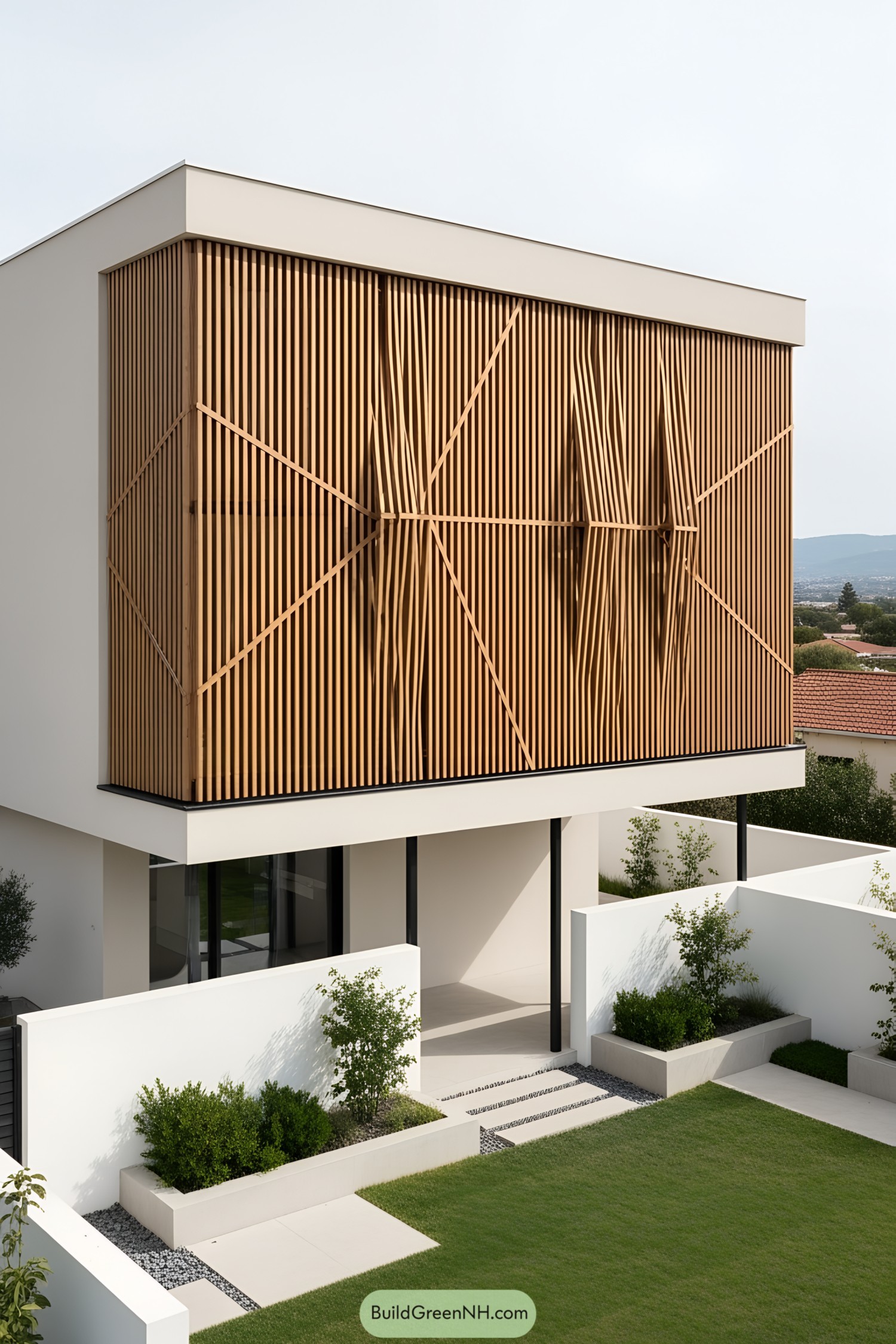 Wooden facade with vertical slats and geometric design