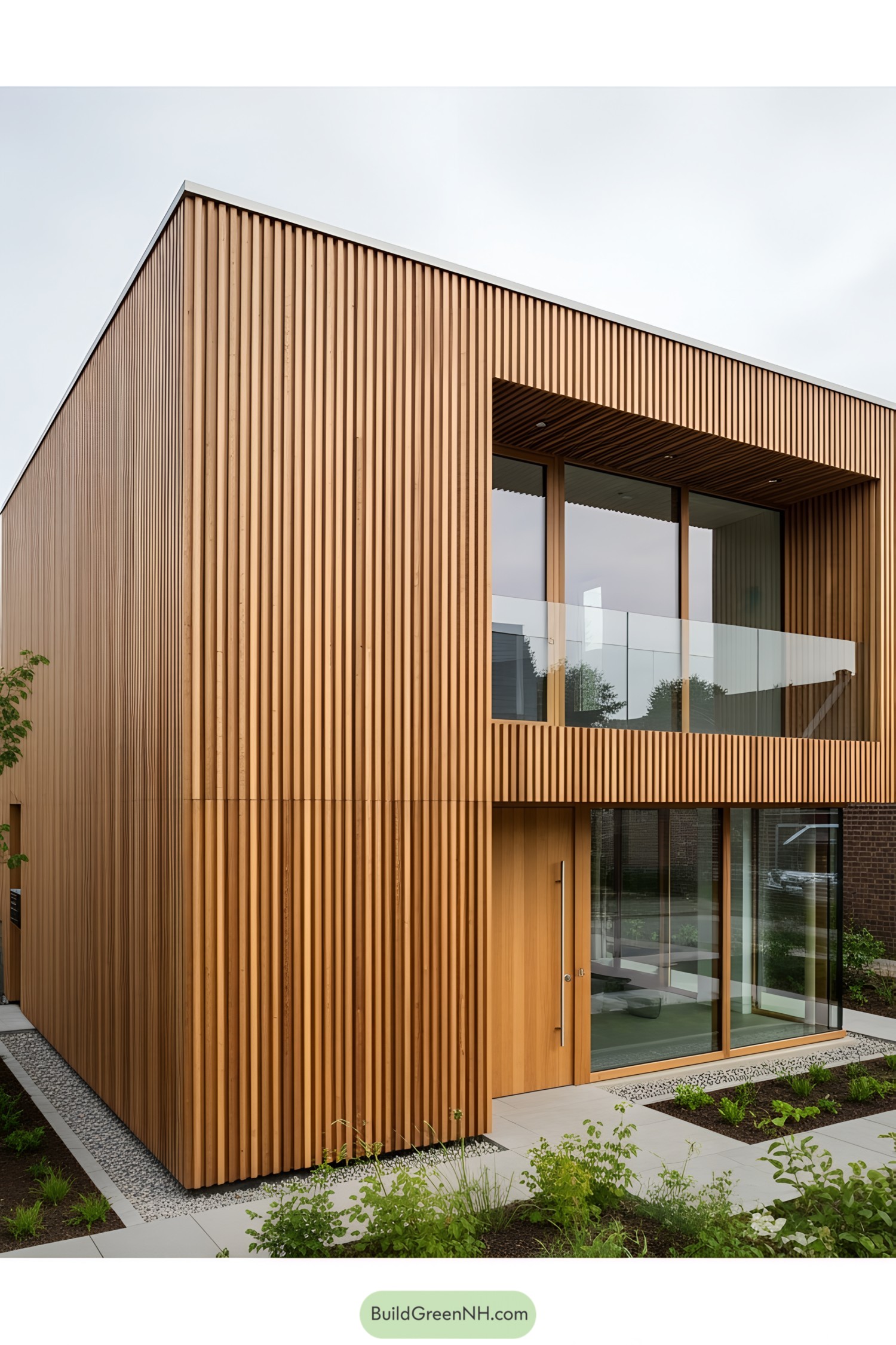 Modern house with vertical wooden slats and glass