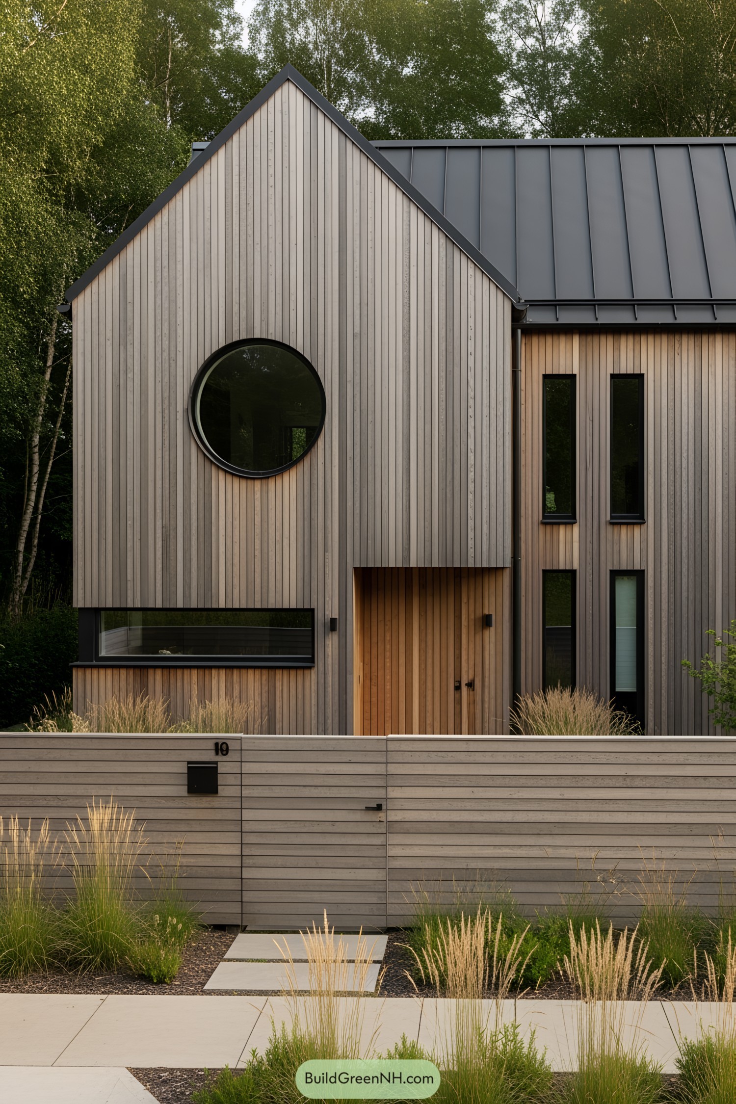 Modern wooden house facade with circular window and minimalist design