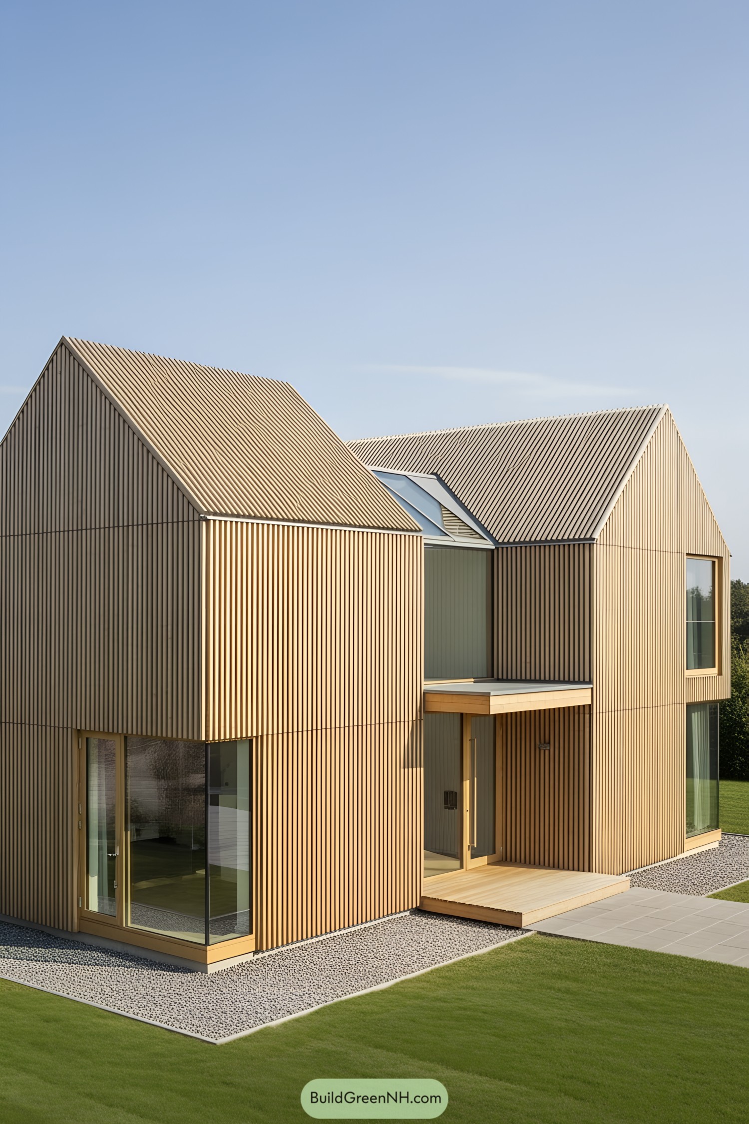 Contemporary wooden house with large windows