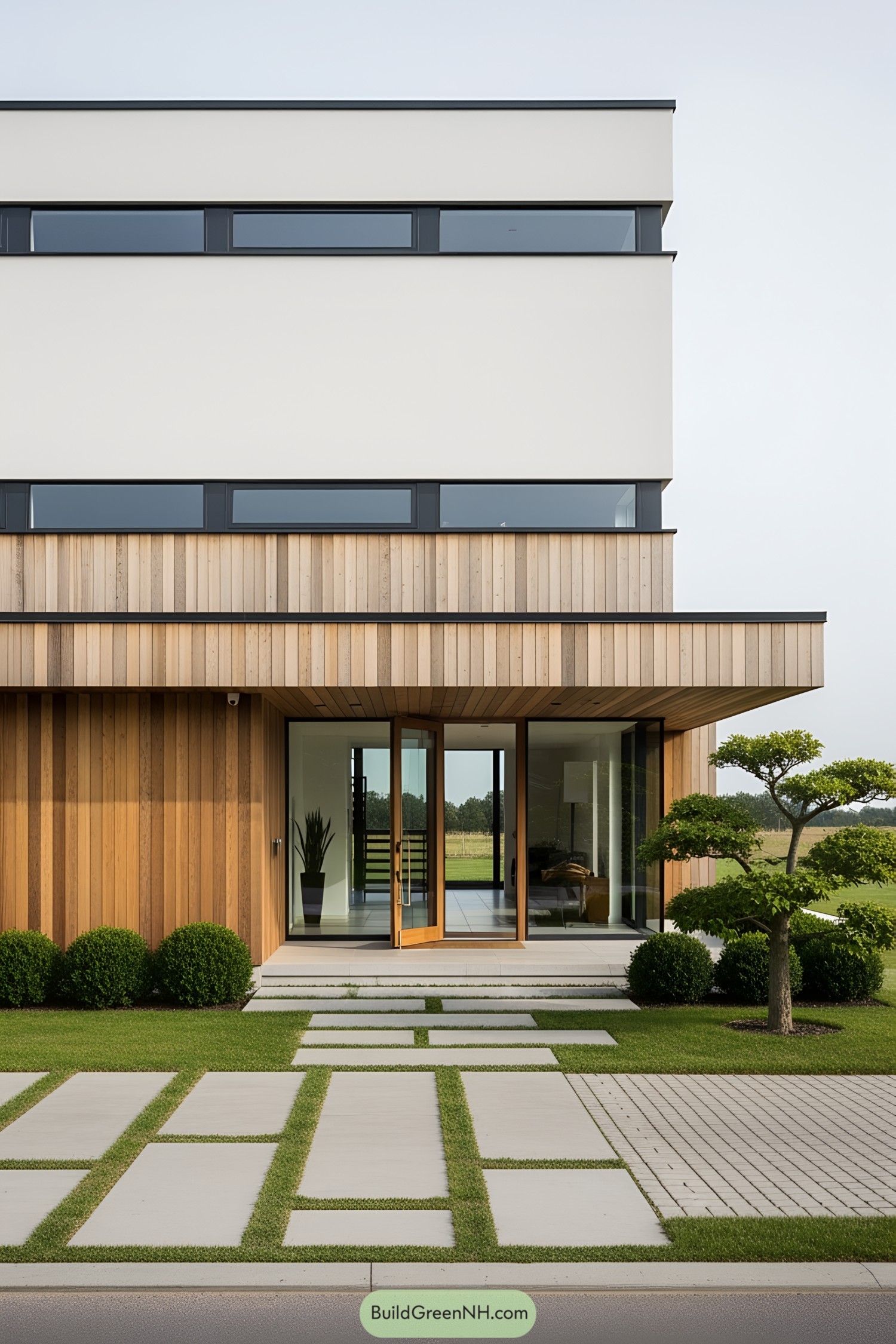 Wooden facade house with glass doors and a neat garden