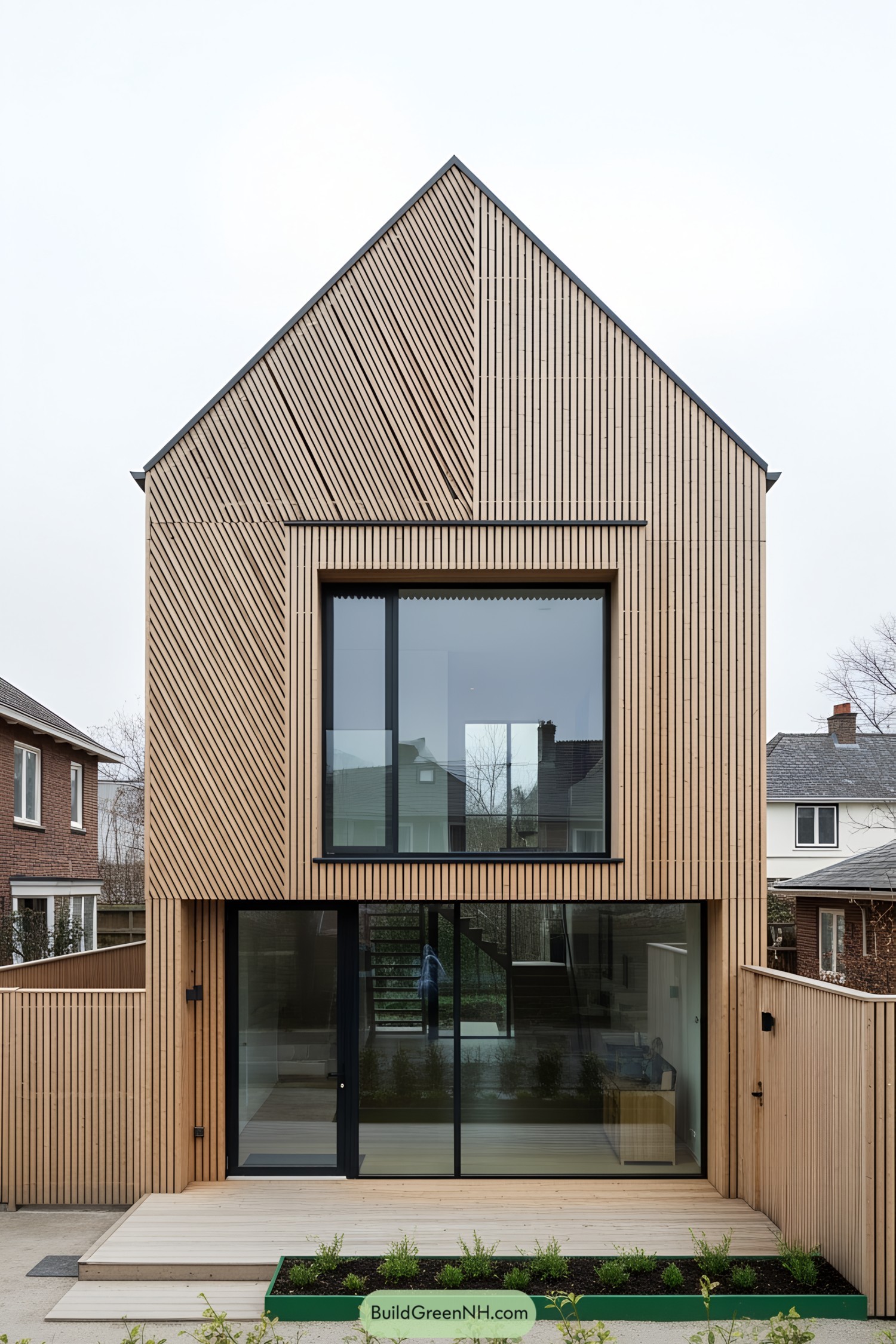 Stylish wooden house with large windows and sleek design