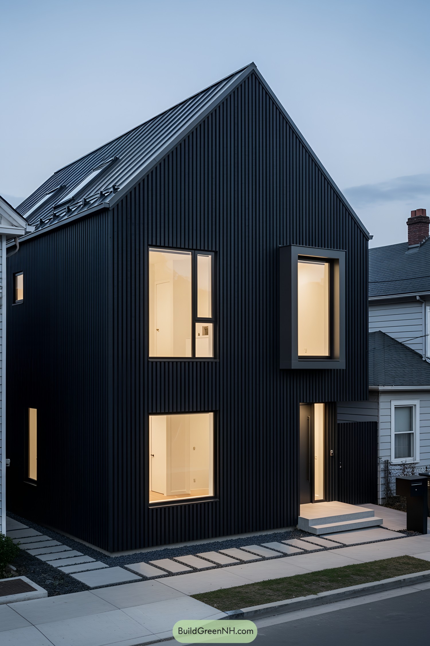 Modern house with dark wooden facade and large windows