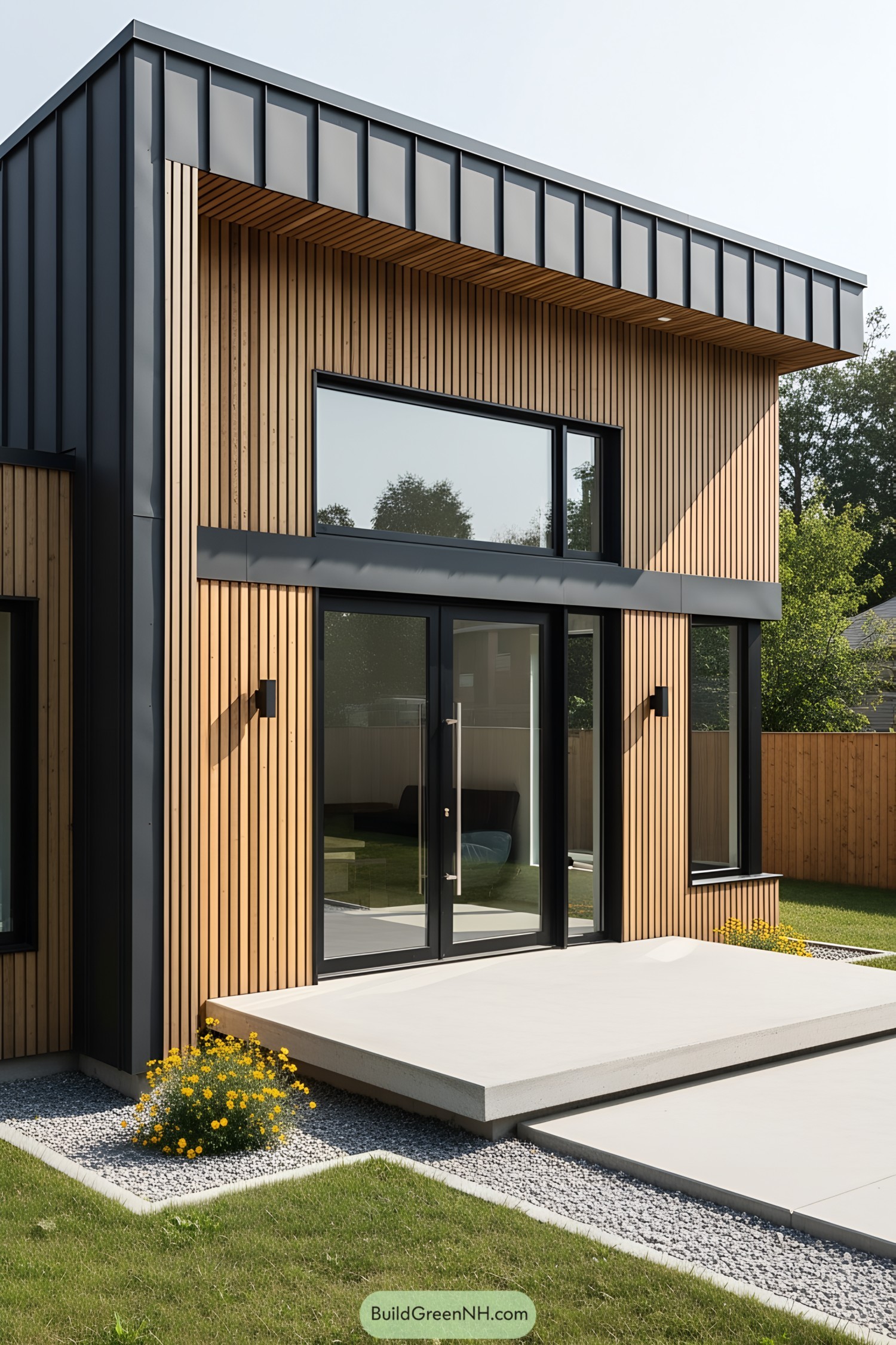 Modern house with wooden slats and large windows