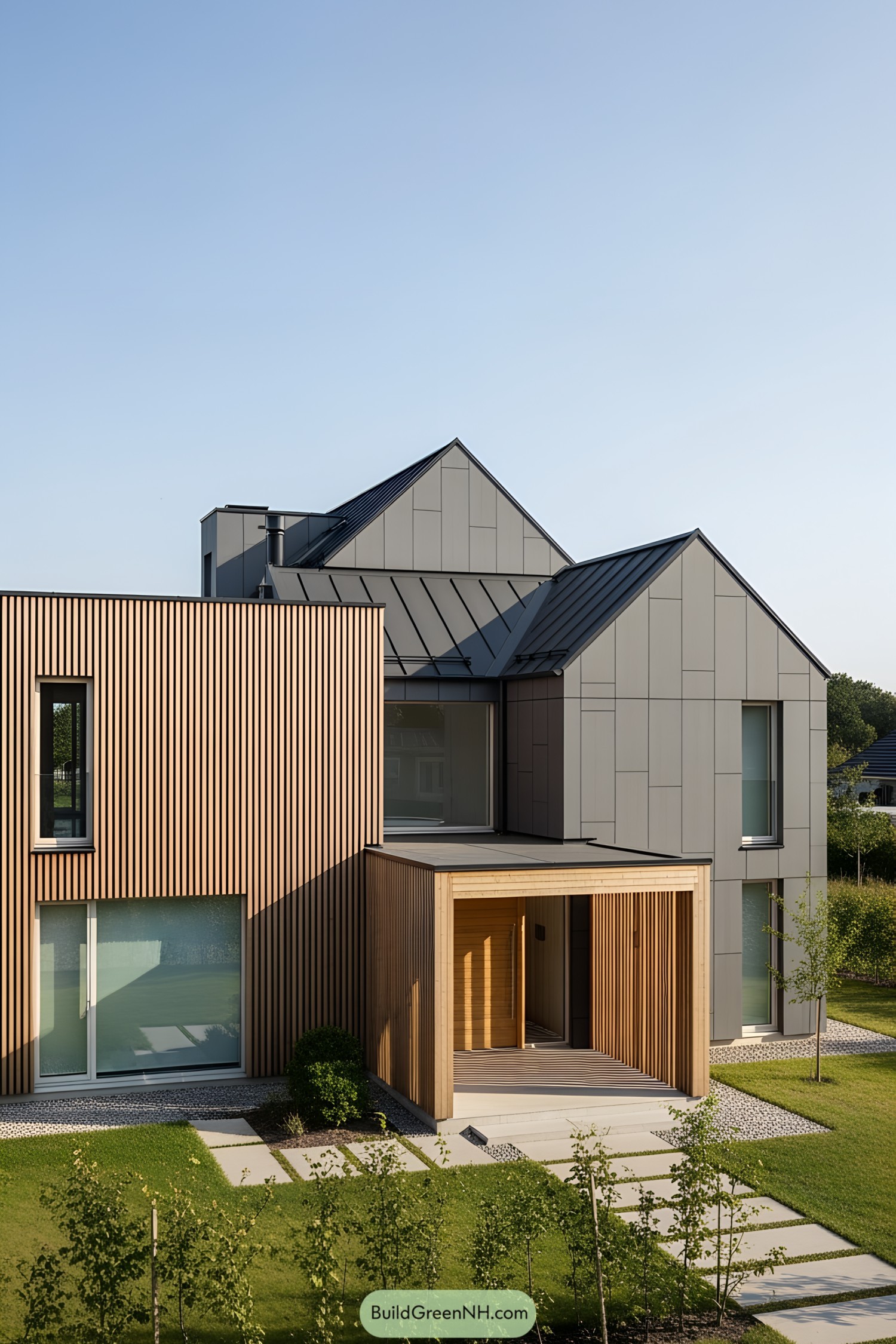 Contemporary home with wooden and gray panel facade