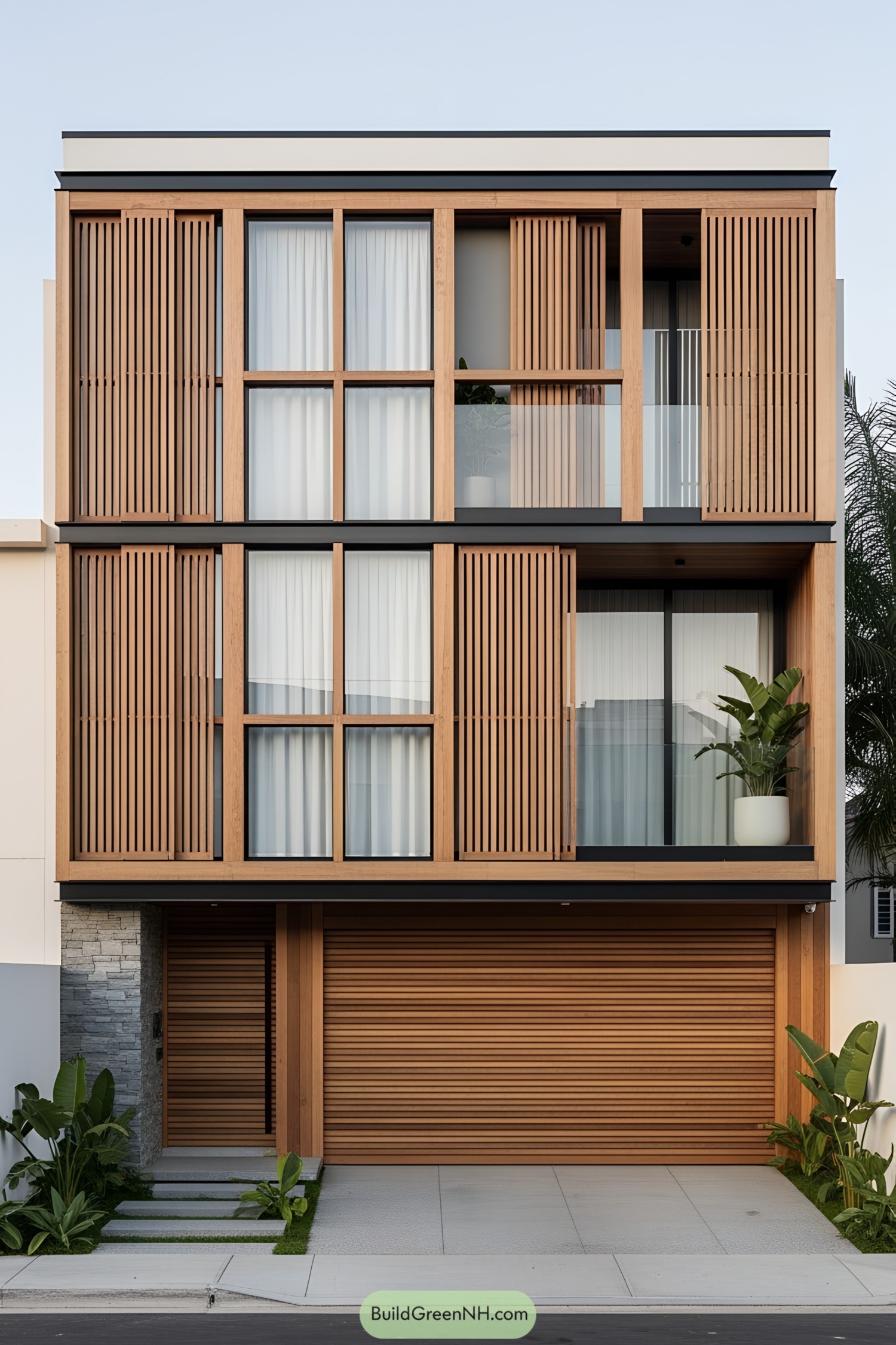Modern house with wooden facade and plants