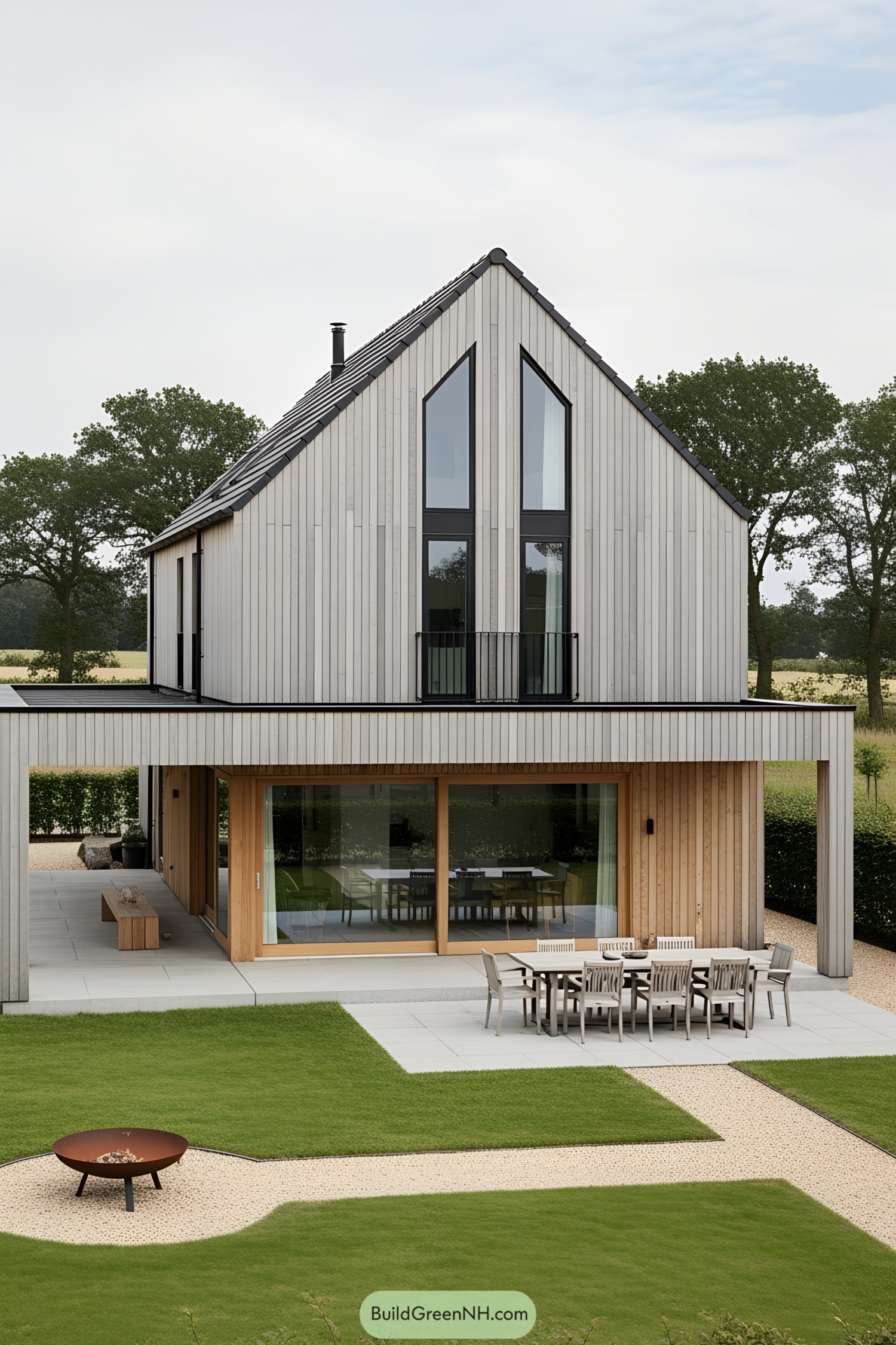 Modern wooden house with large windows and outdoor dining area