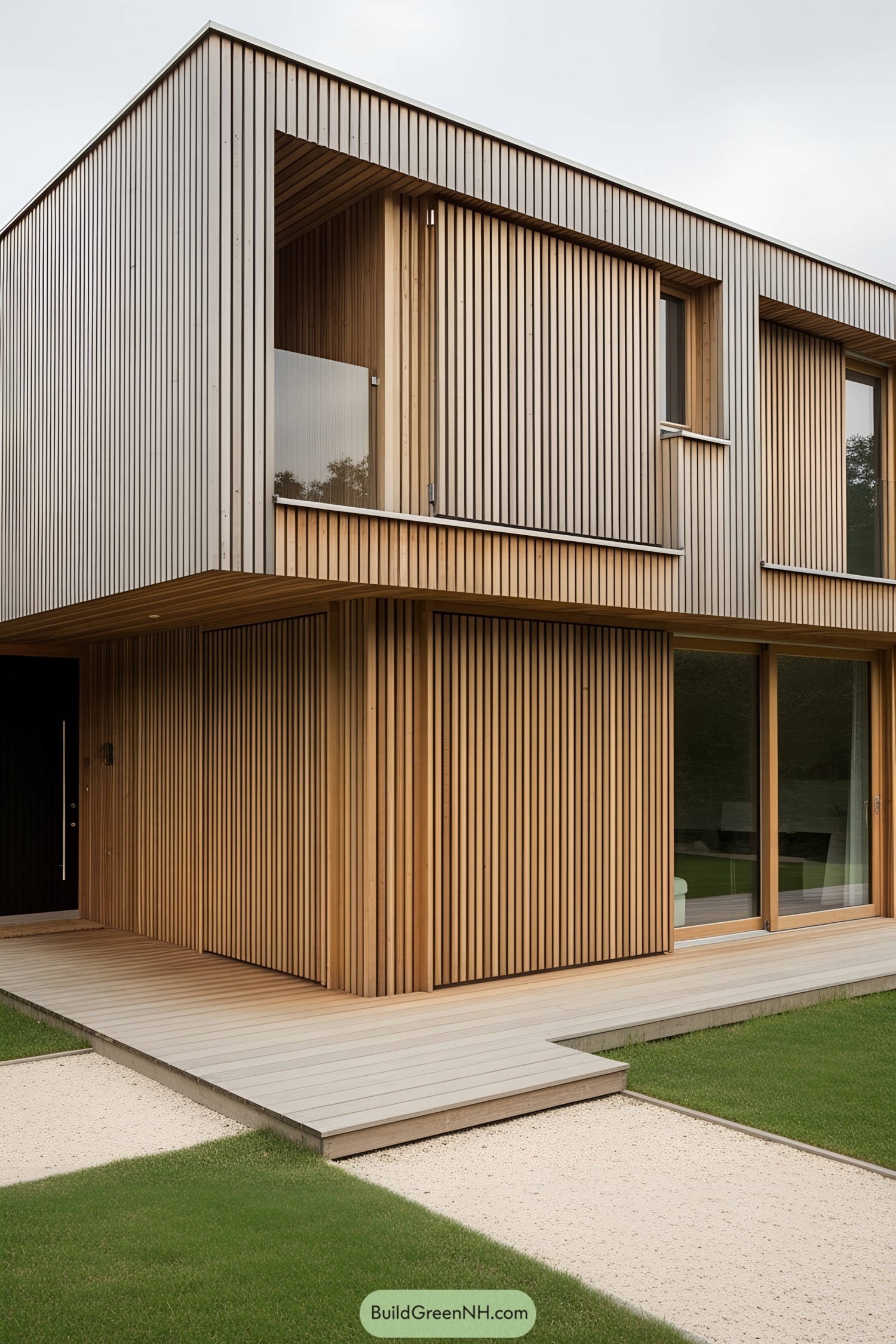 A modern house with vertical wooden slats