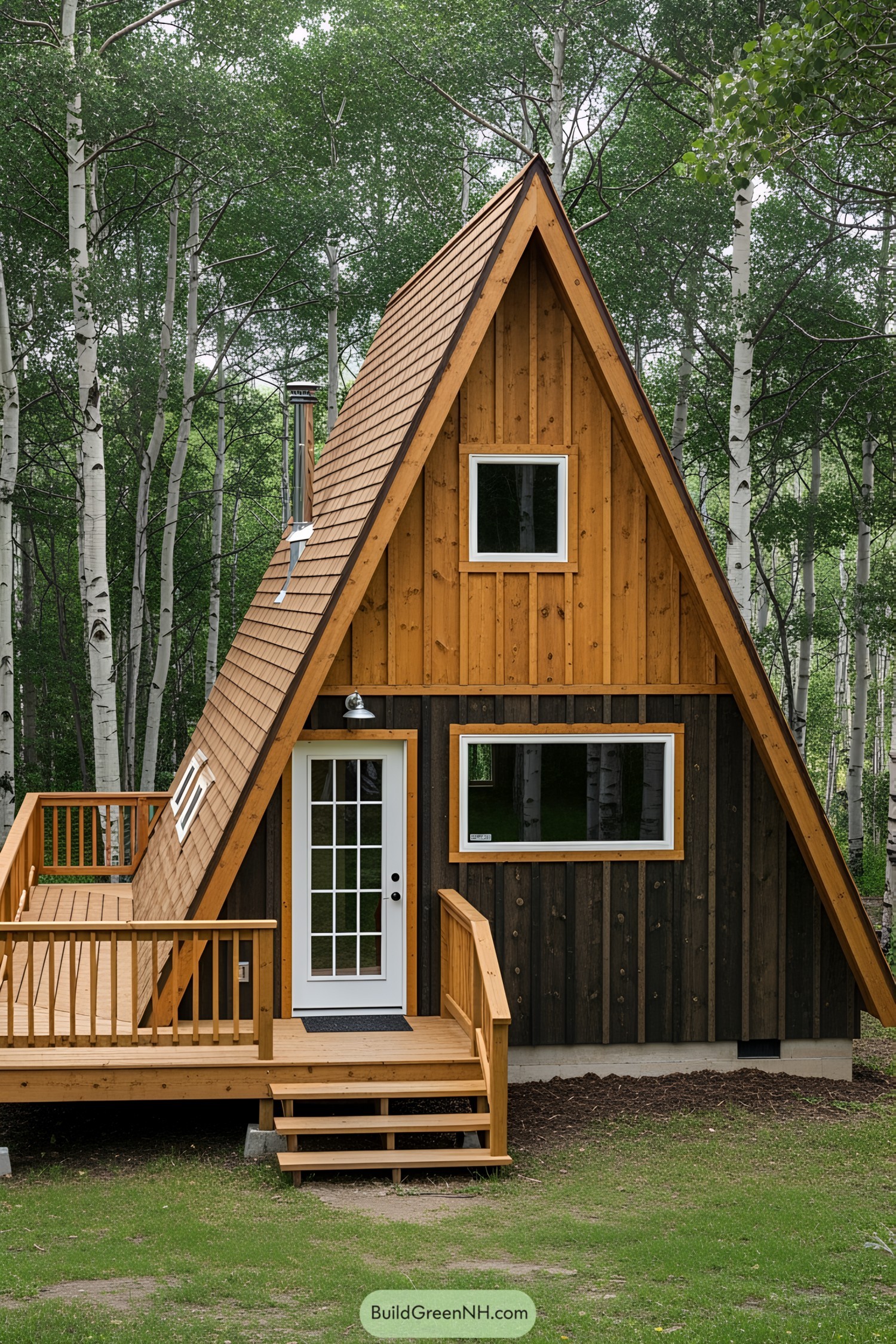 Cozy A-frame cabin surrounded by birch trees