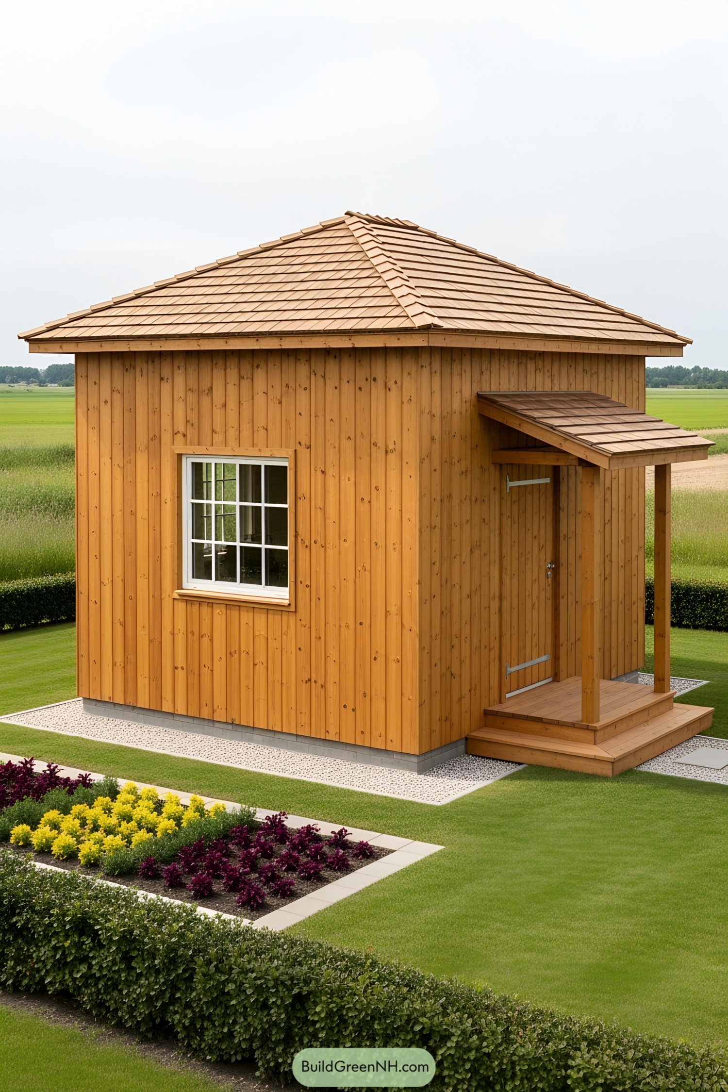 Small wooden house with a charming porch and garden