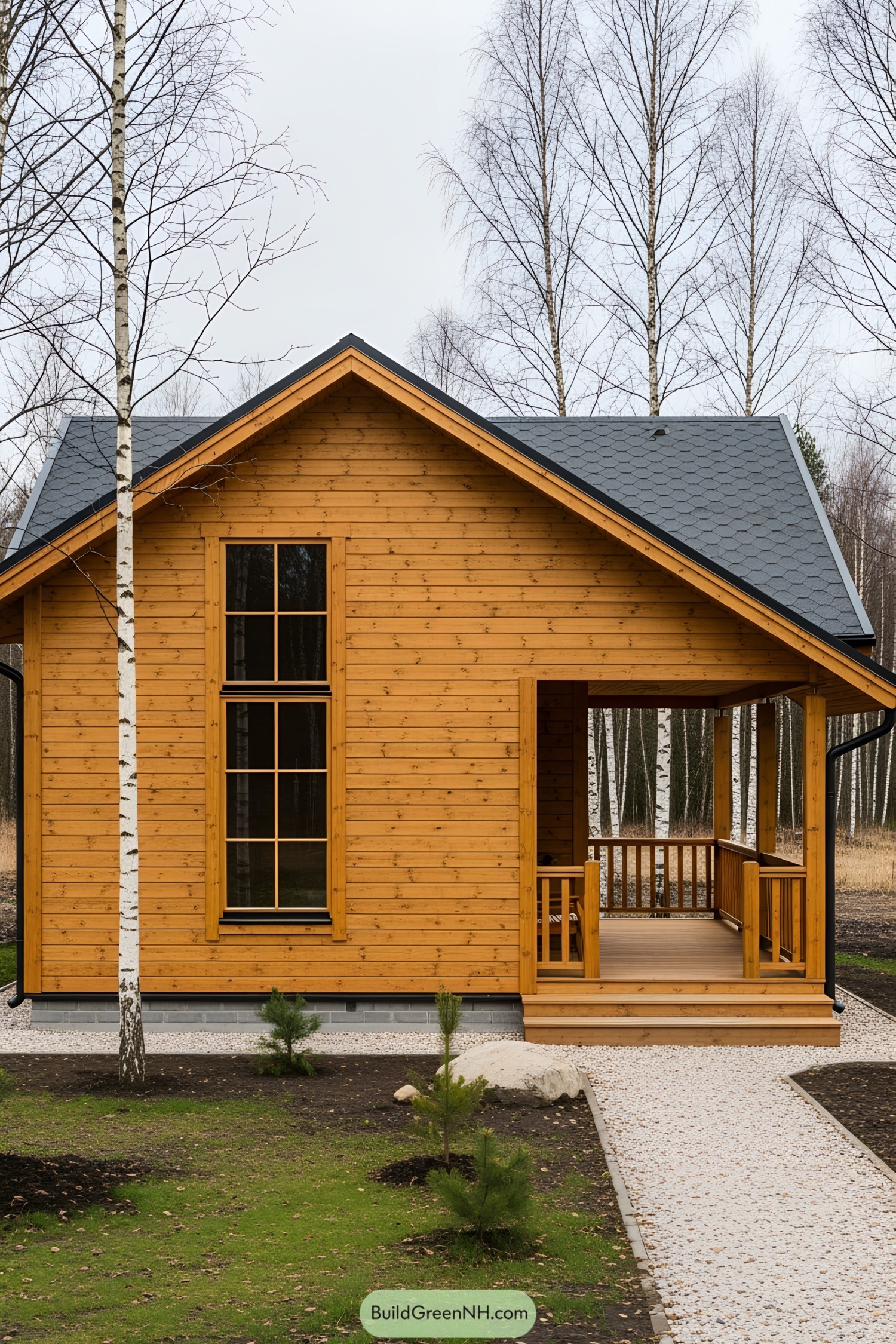 Wooden house with a porch in a wooded area