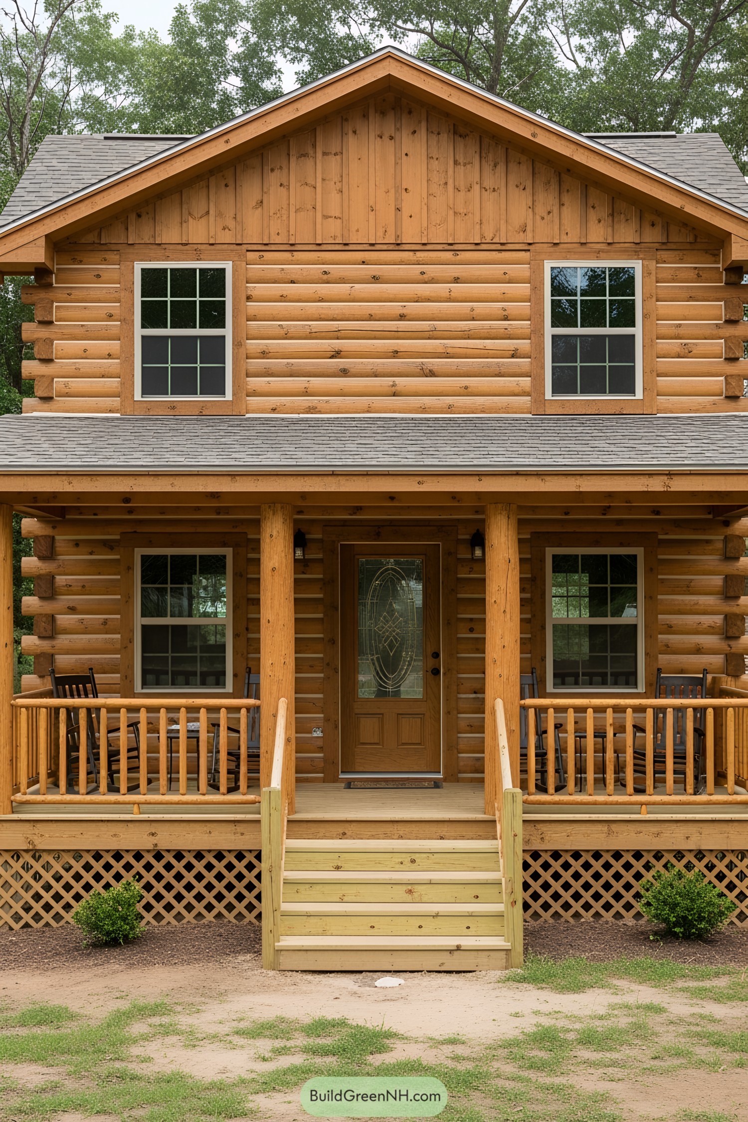 Small log cabin with a front porch and stairs