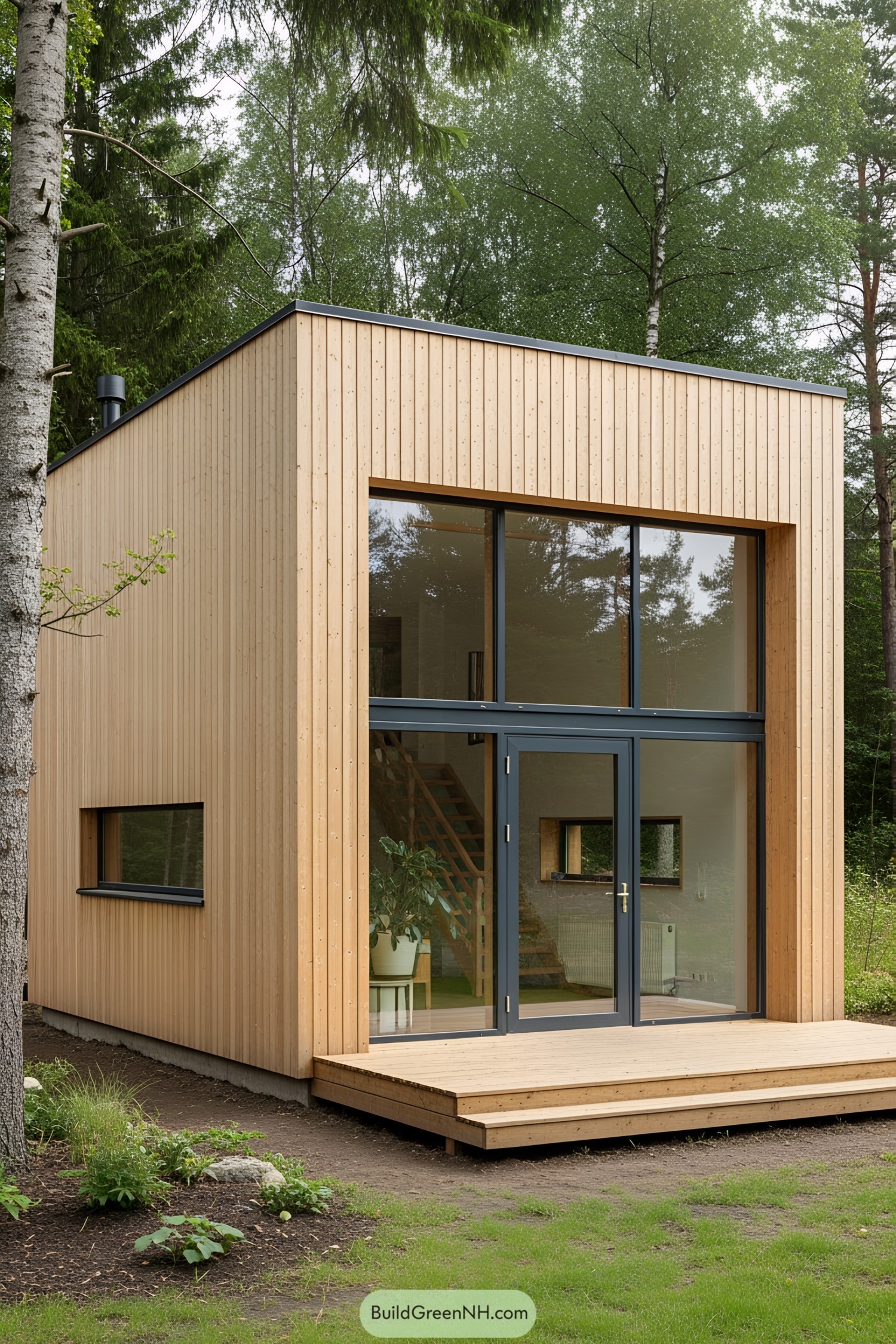 Modern wooden house with large glass doors in a forest setting