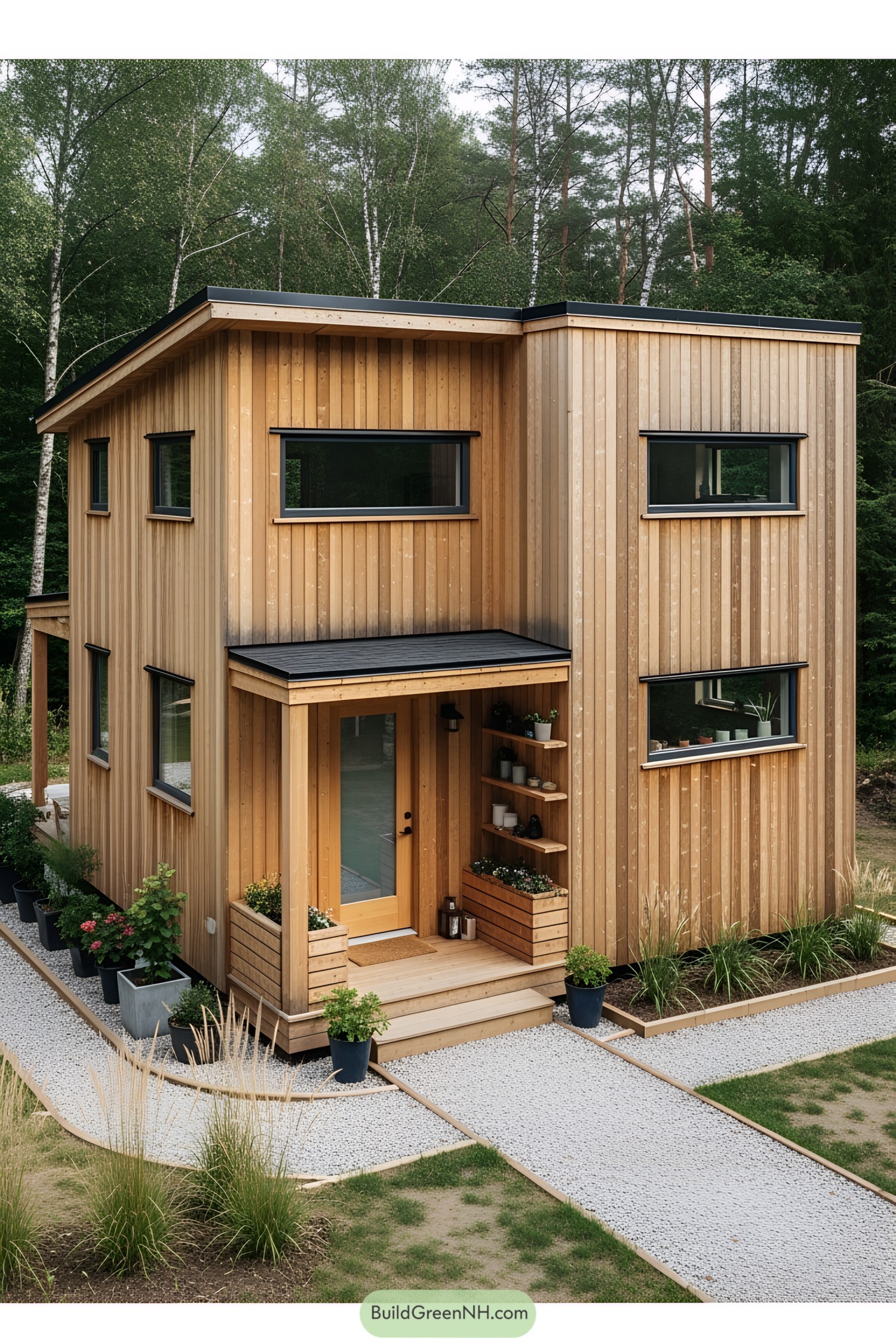 Modern wooden house surrounded by trees