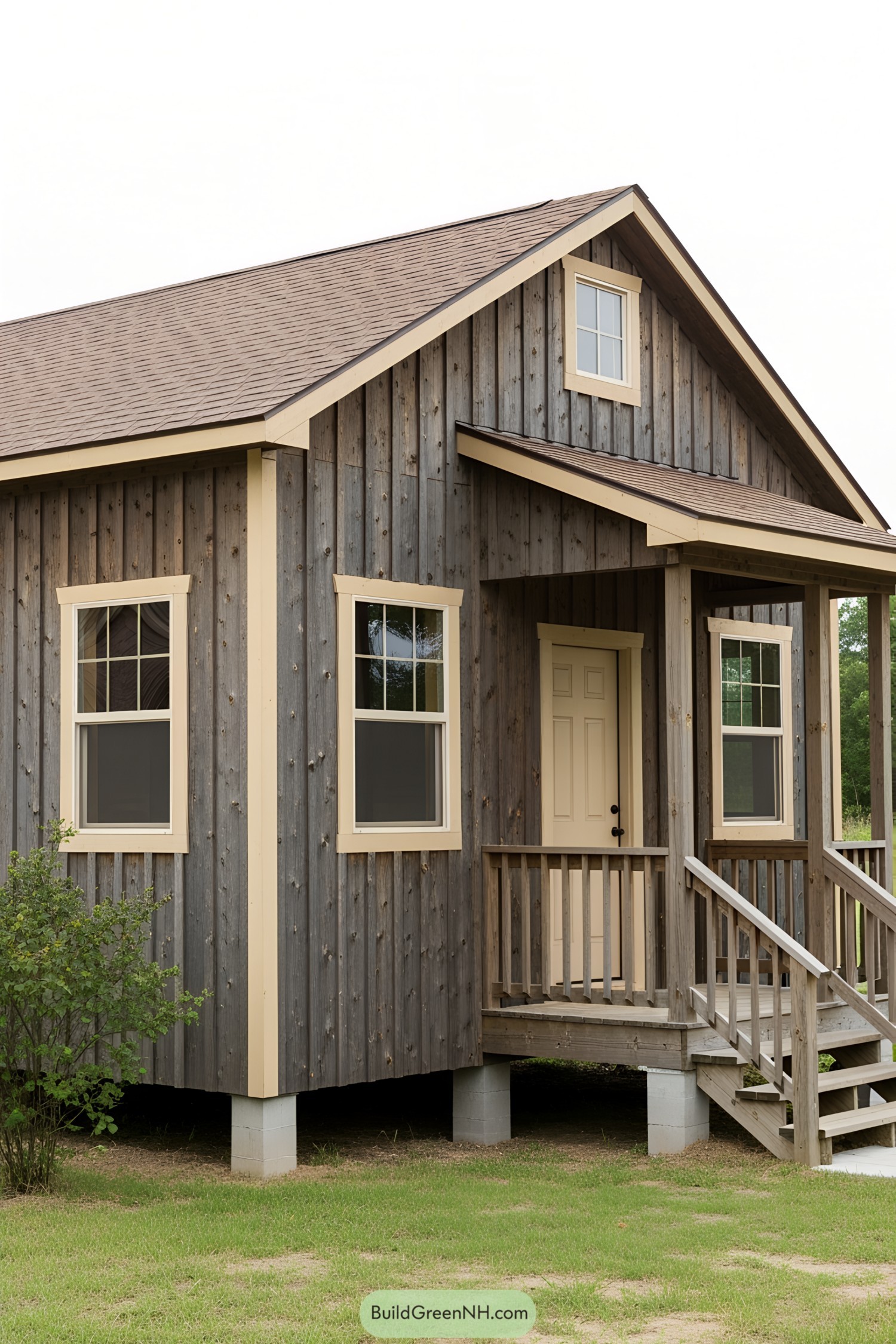 Small wooden house with a porch and gable roof