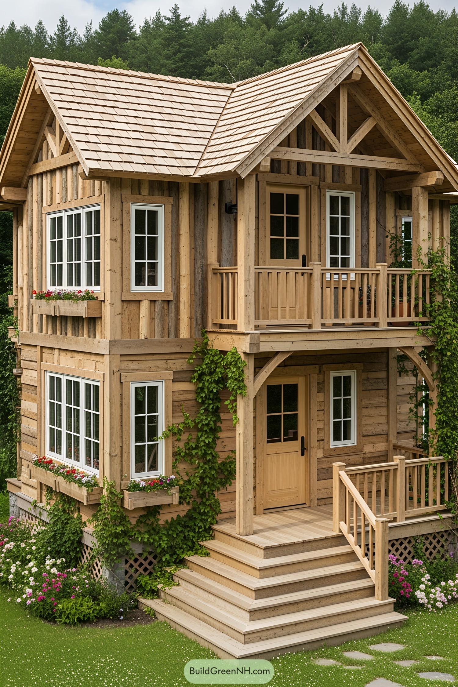 Small wooden house with a porch and greenery