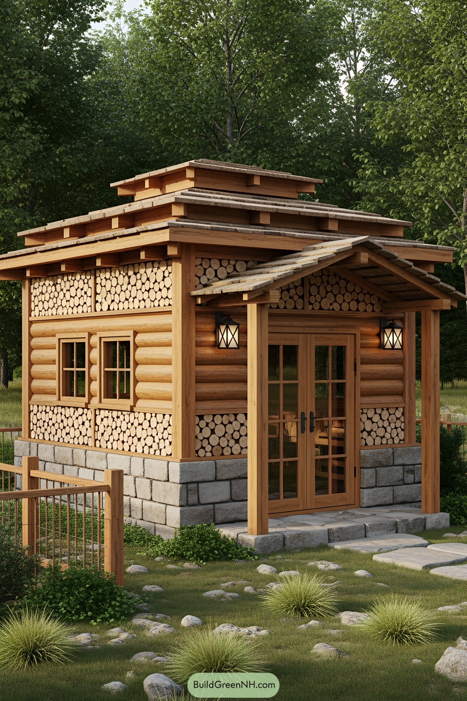 Small wooden house with log walls and modern design