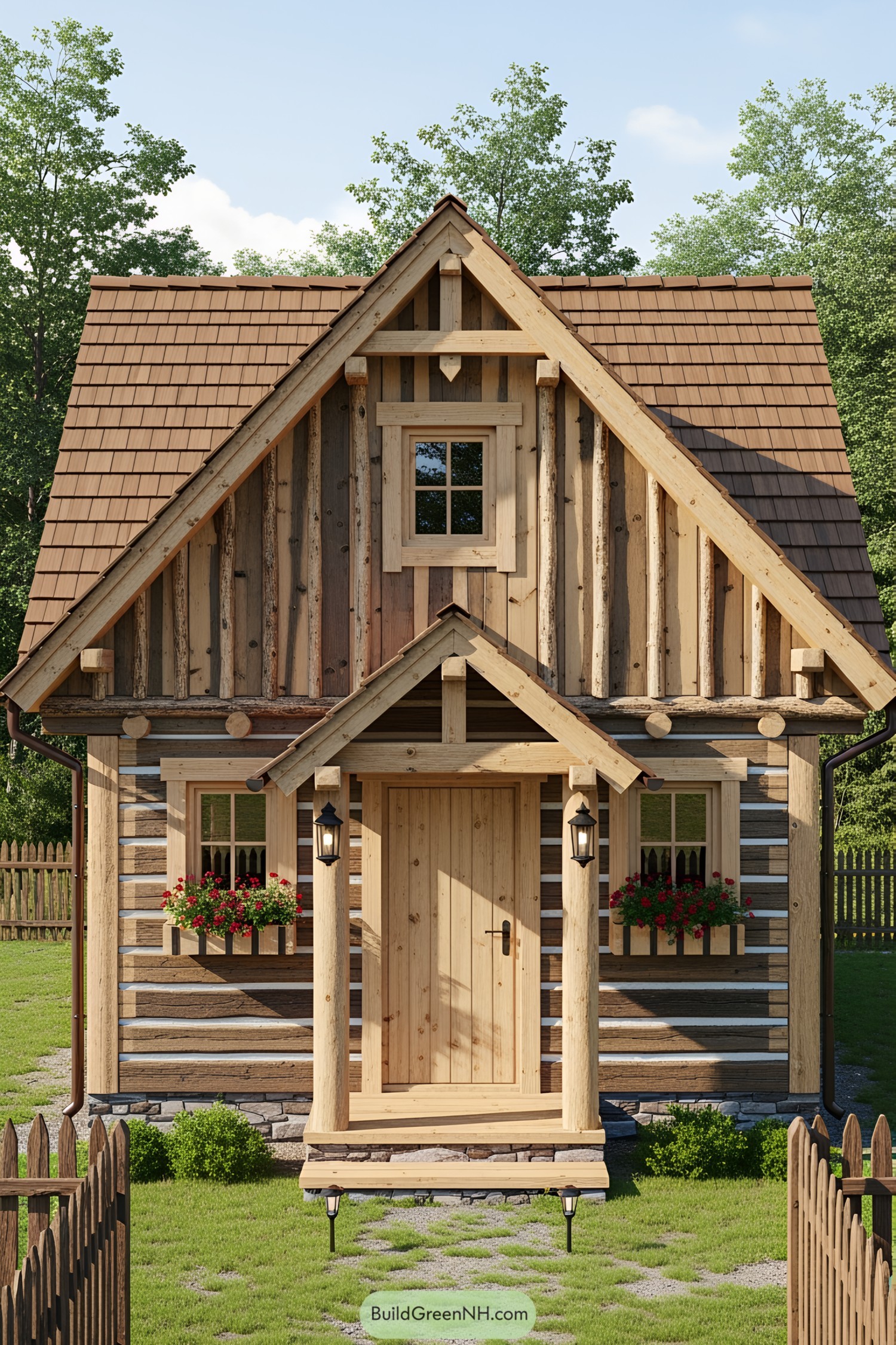 Charming small wooden house with decorative plants