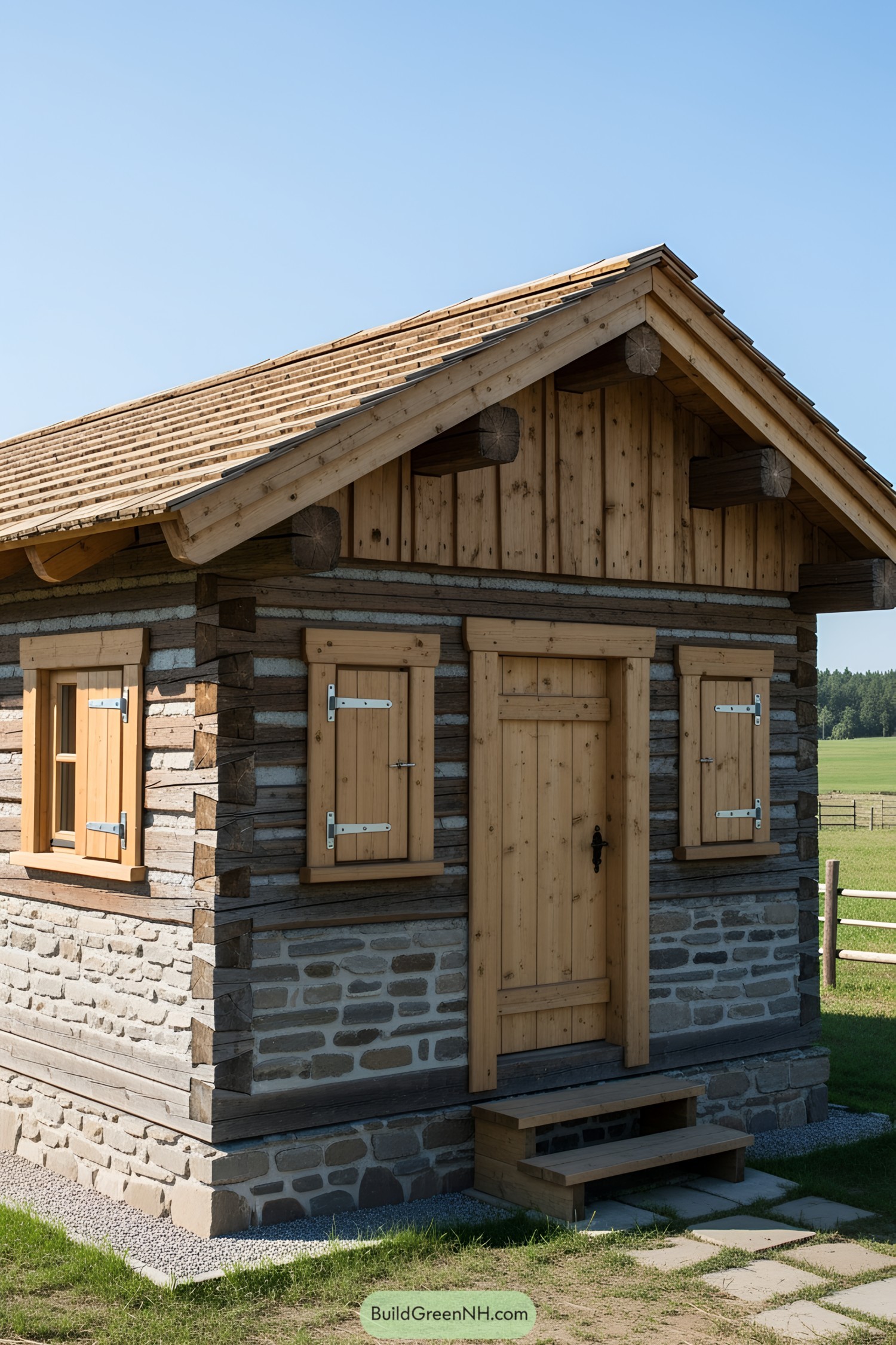 Small wooden house with stone accents