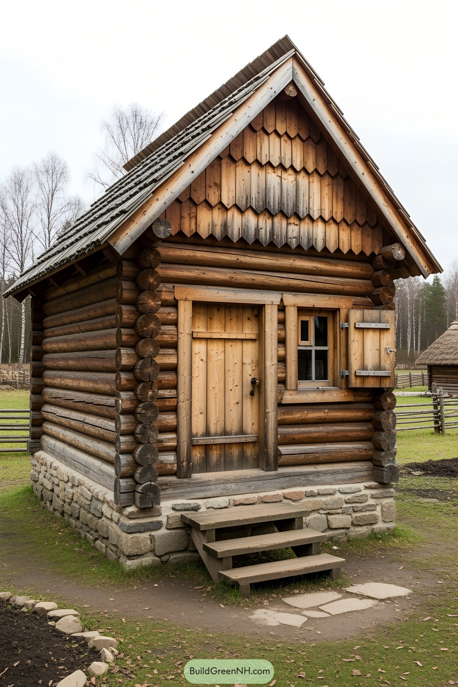 Small rustic log cabin with wooden steps