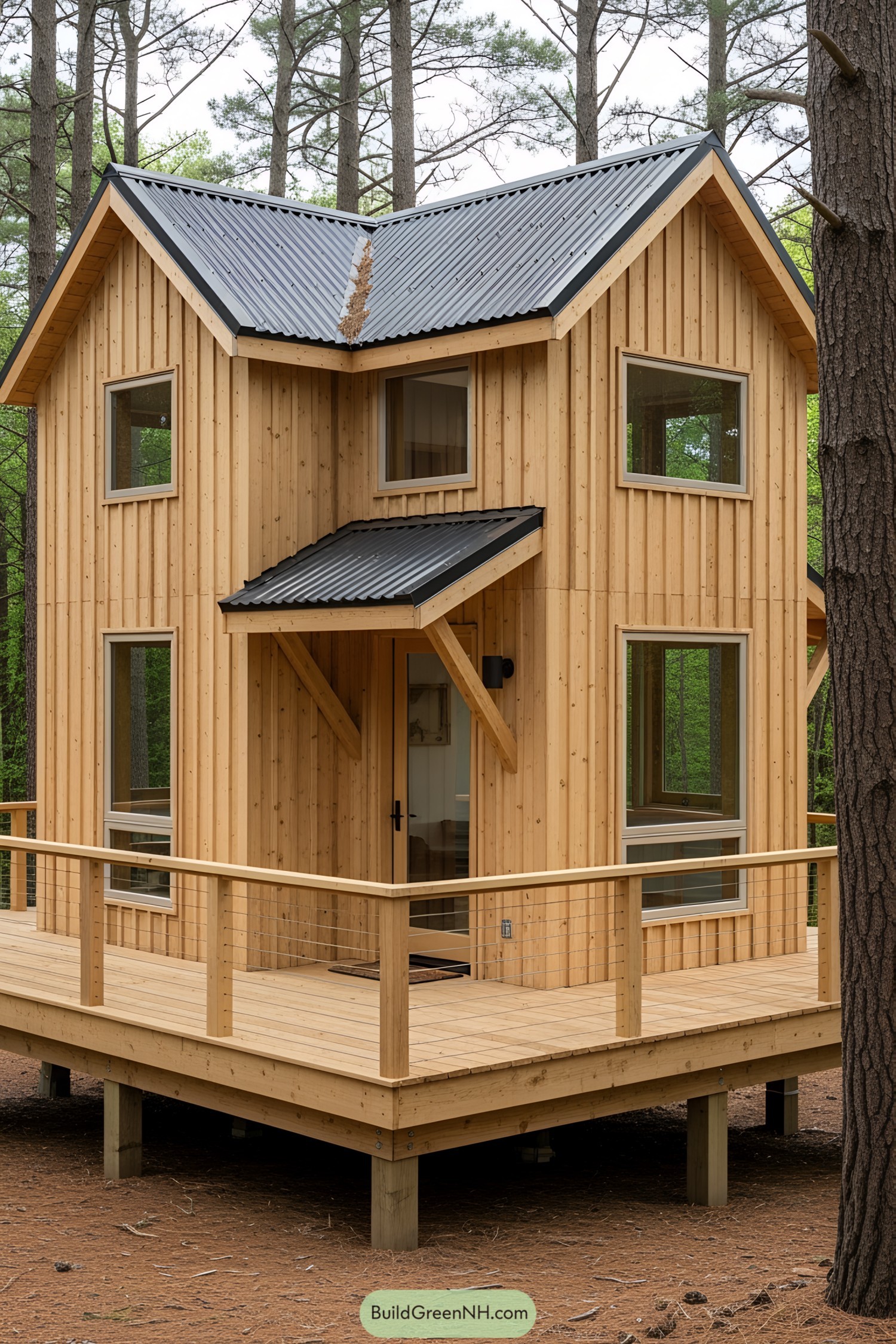 Small wooden house with a raised porch nestled among tall trees
