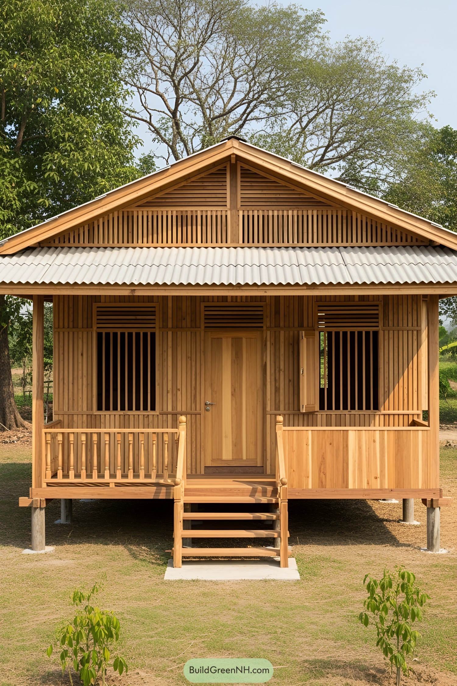Charming small wooden house under blue sky