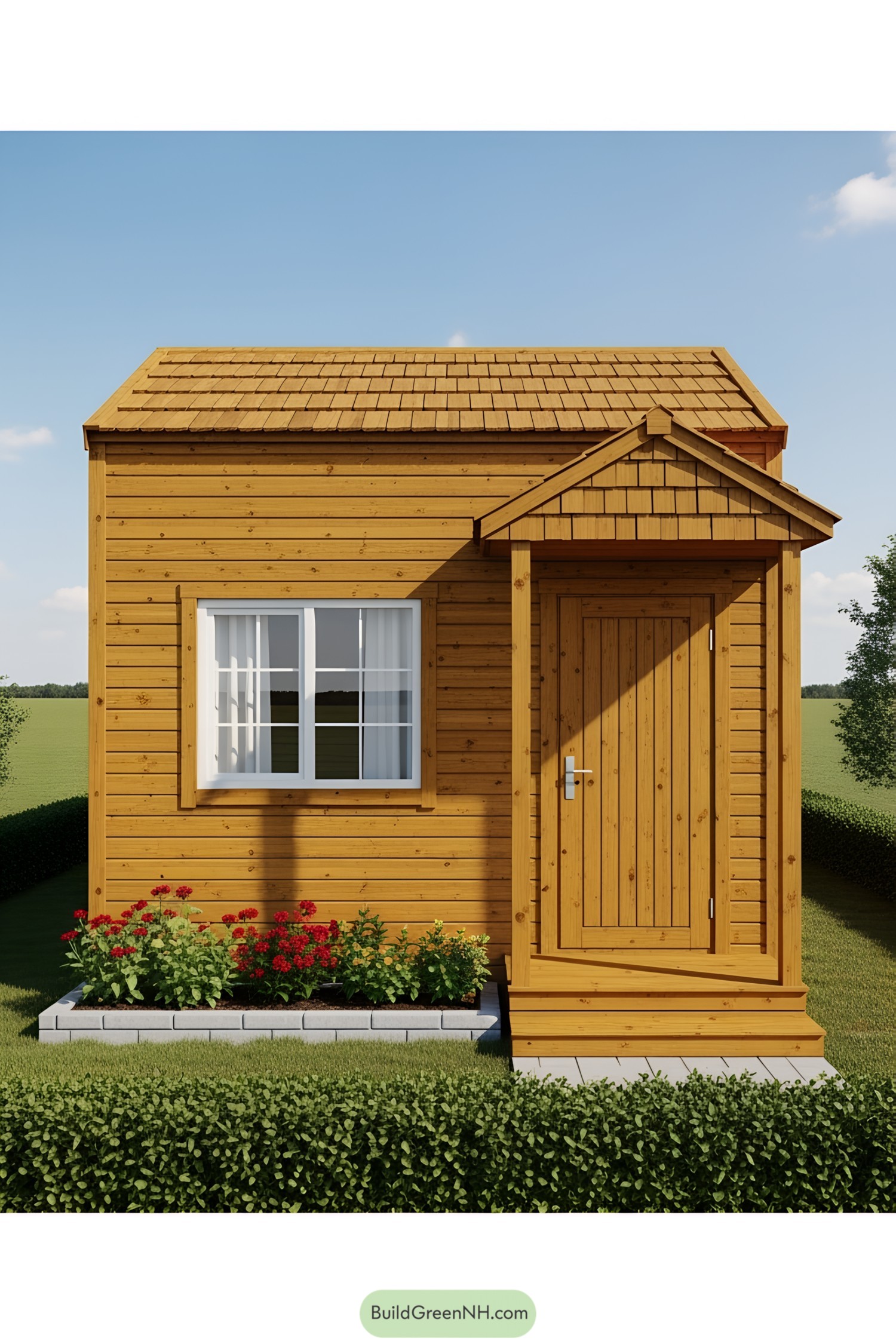 Small wooden house with a shingled roof and vibrant garden in front