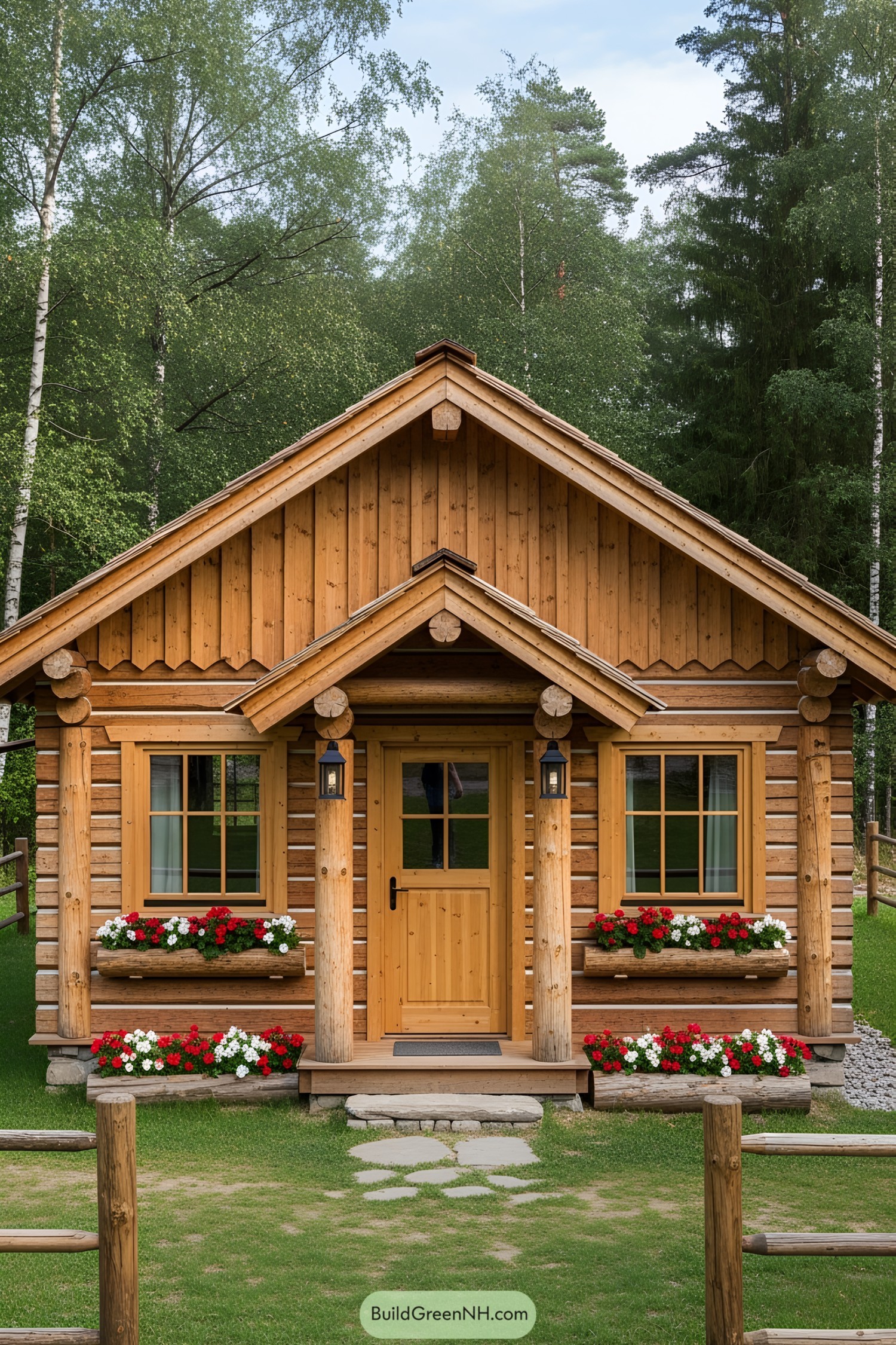 Small wooden cabin with colorful flower boxes