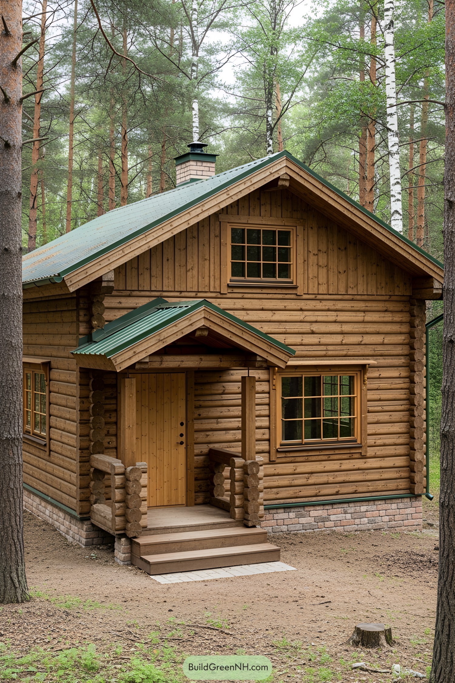 Cozy wooden cabin nestled among trees