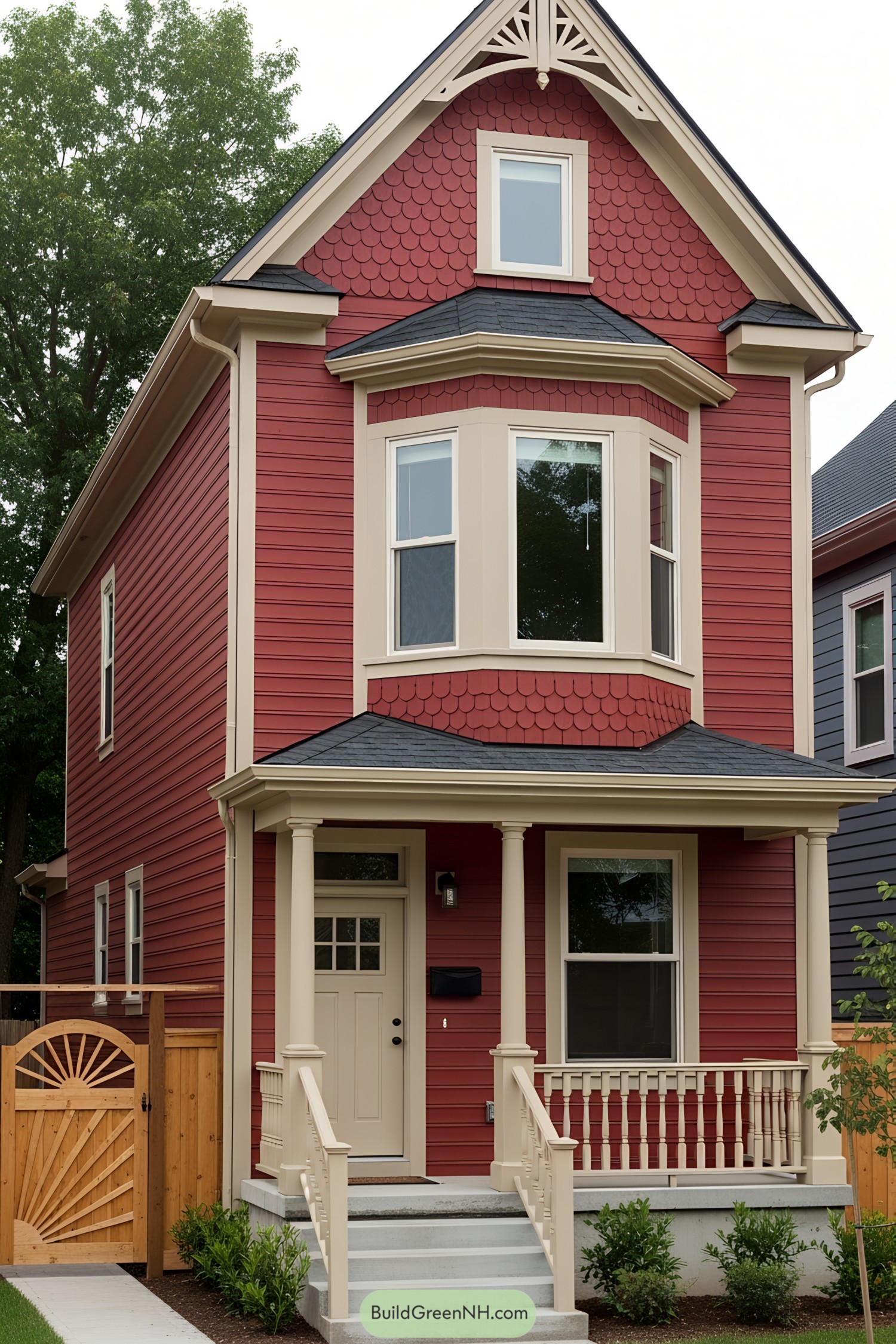 Red wooden house with charming porch