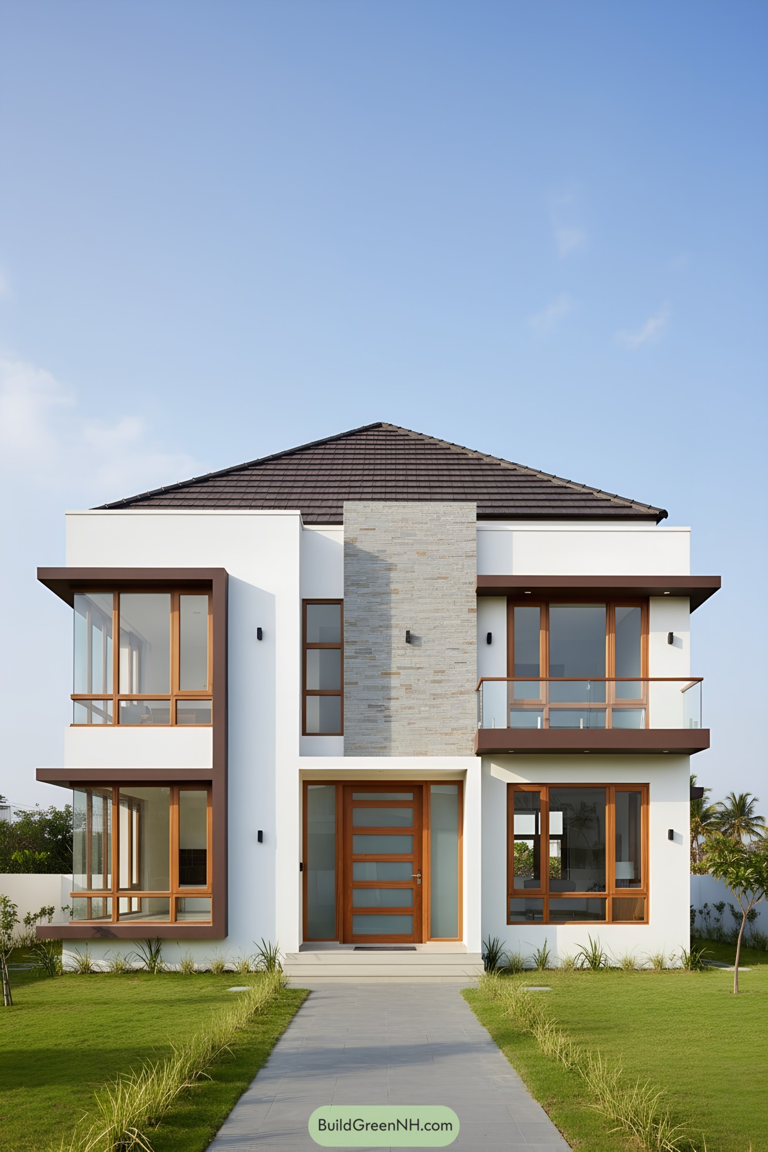 Modern bungalow with glass accents and lush greenery