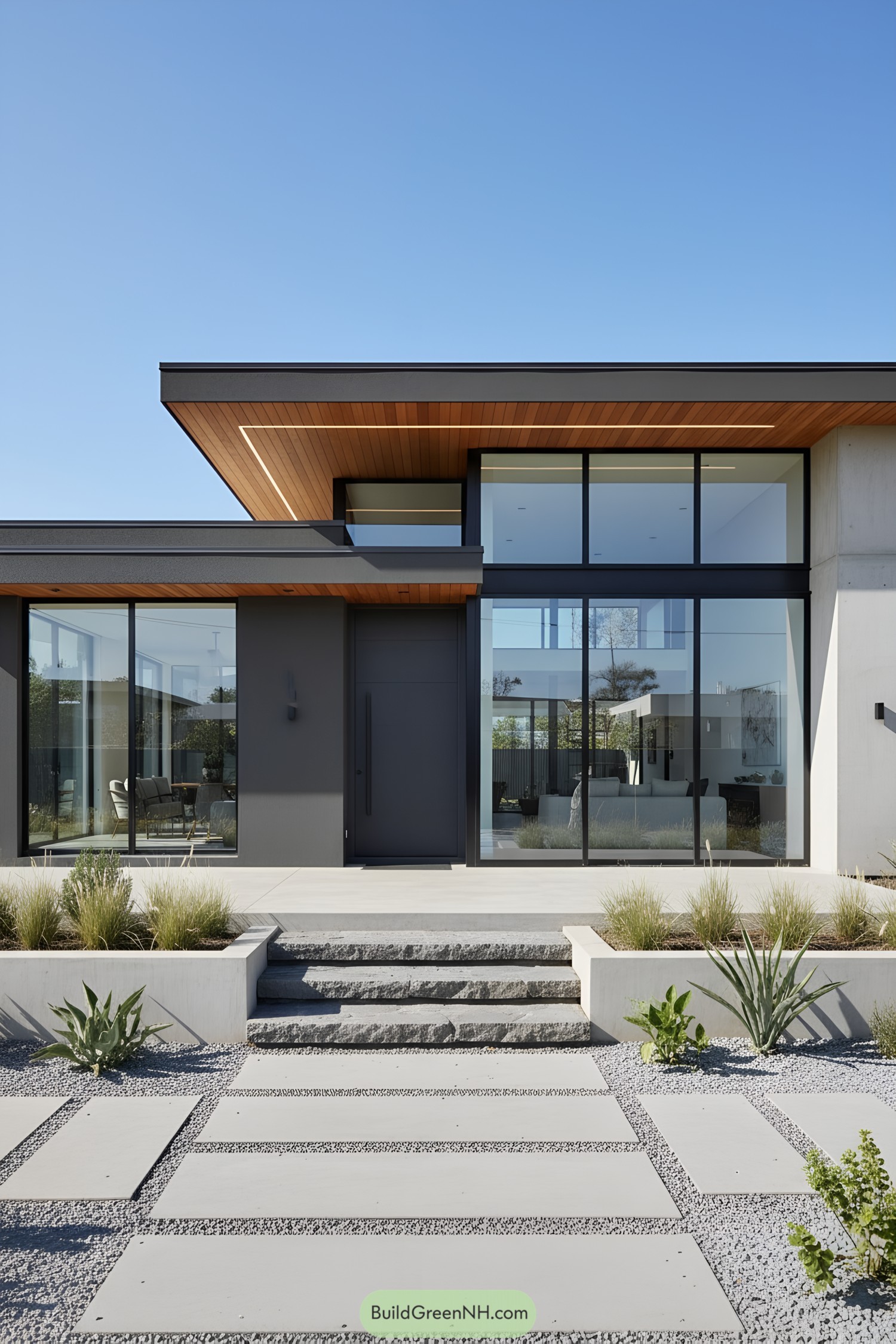 Modern bungalow with sleek lines and large glass windows