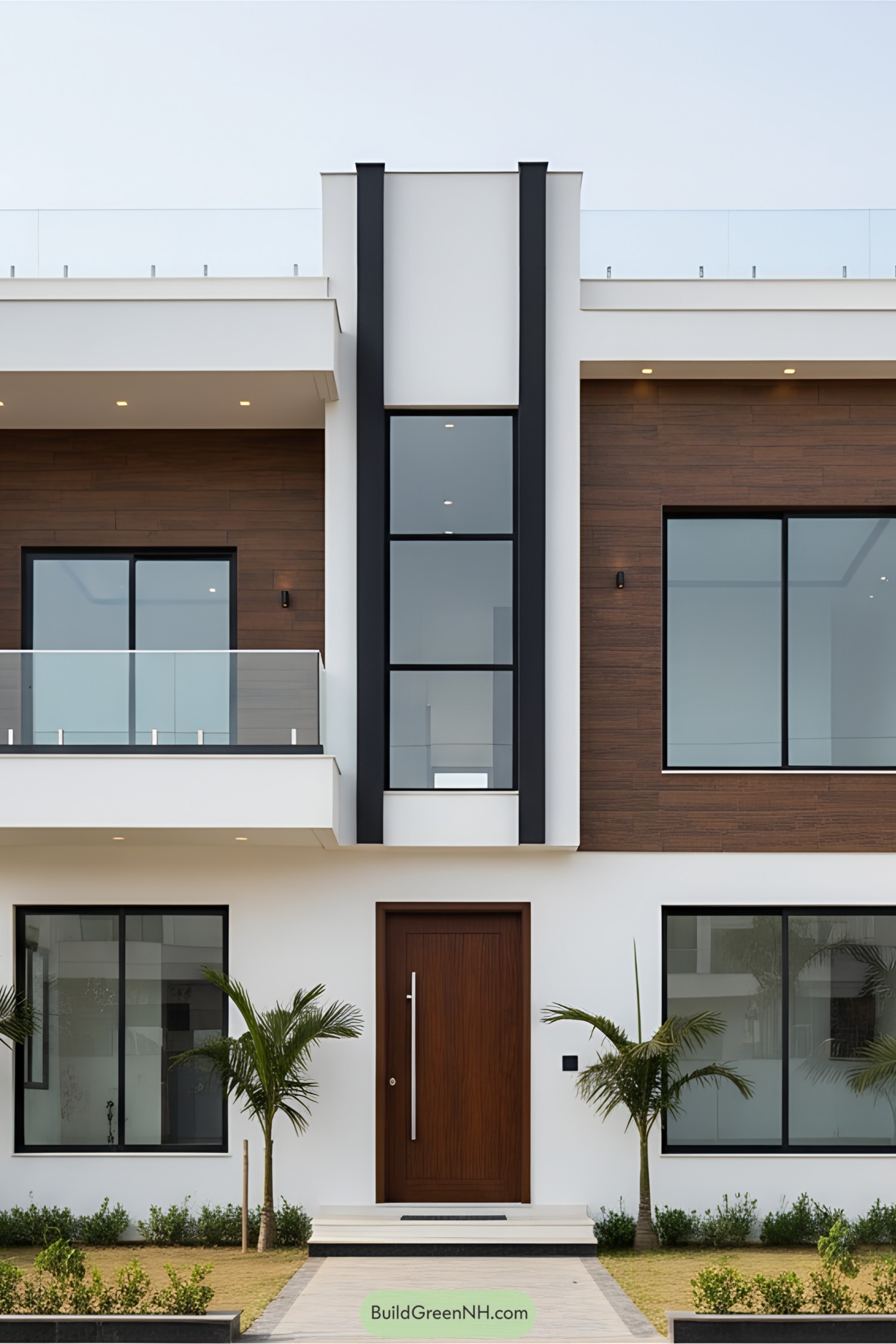 Sleek modern bungalow with large windows and palm accents