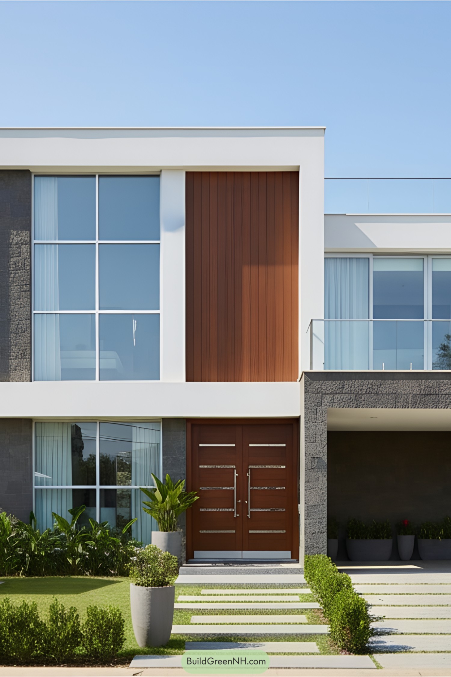Stylish modern bungalow facade with wood accents