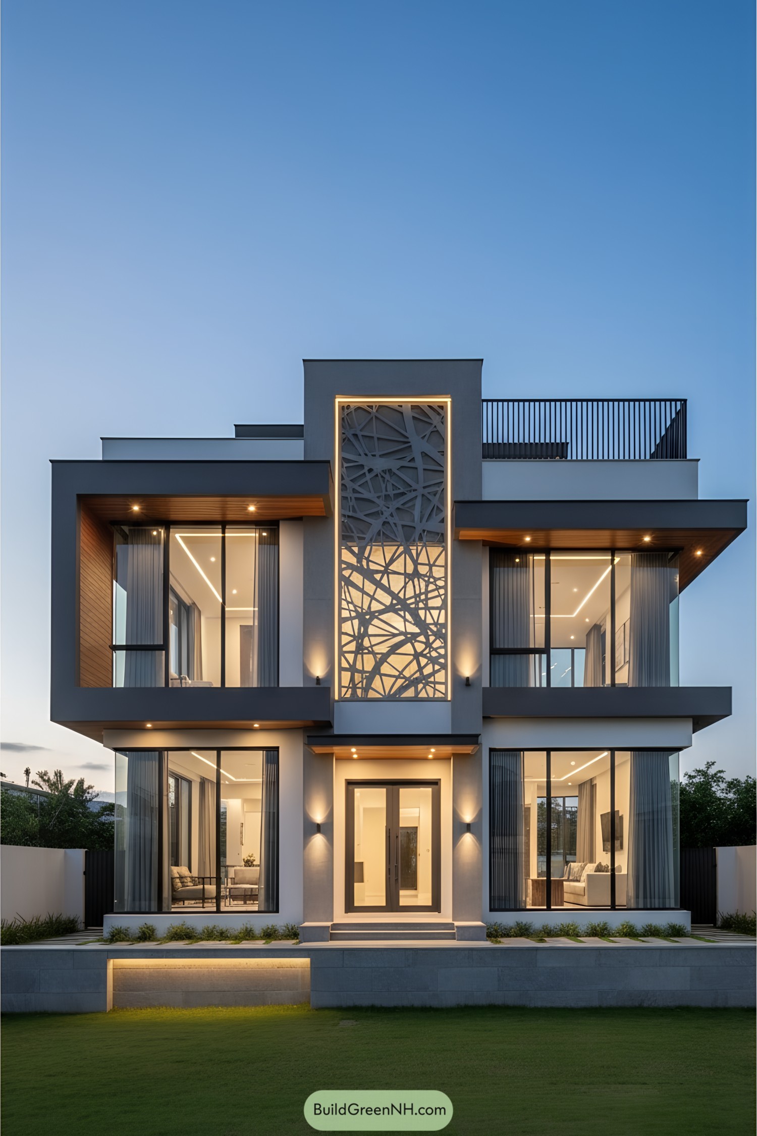 Modern bungalow with geometric façade and large glass windows
