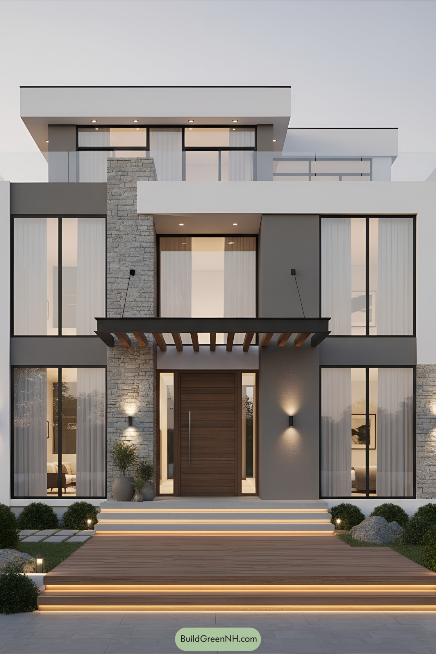 Modern two-floor house with sleek facade and illuminated entryway