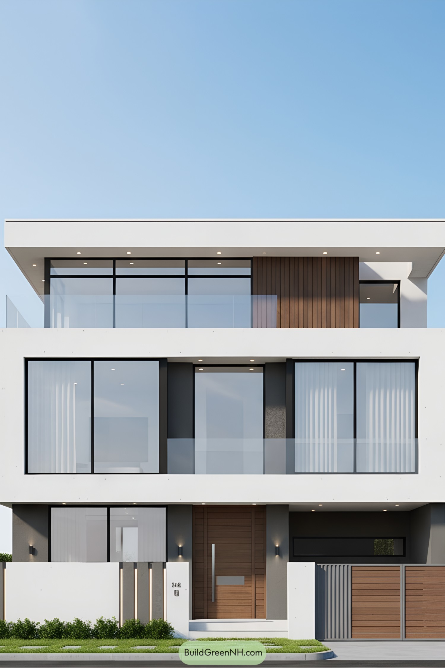 Modern two-floor house with large windows and flat roof