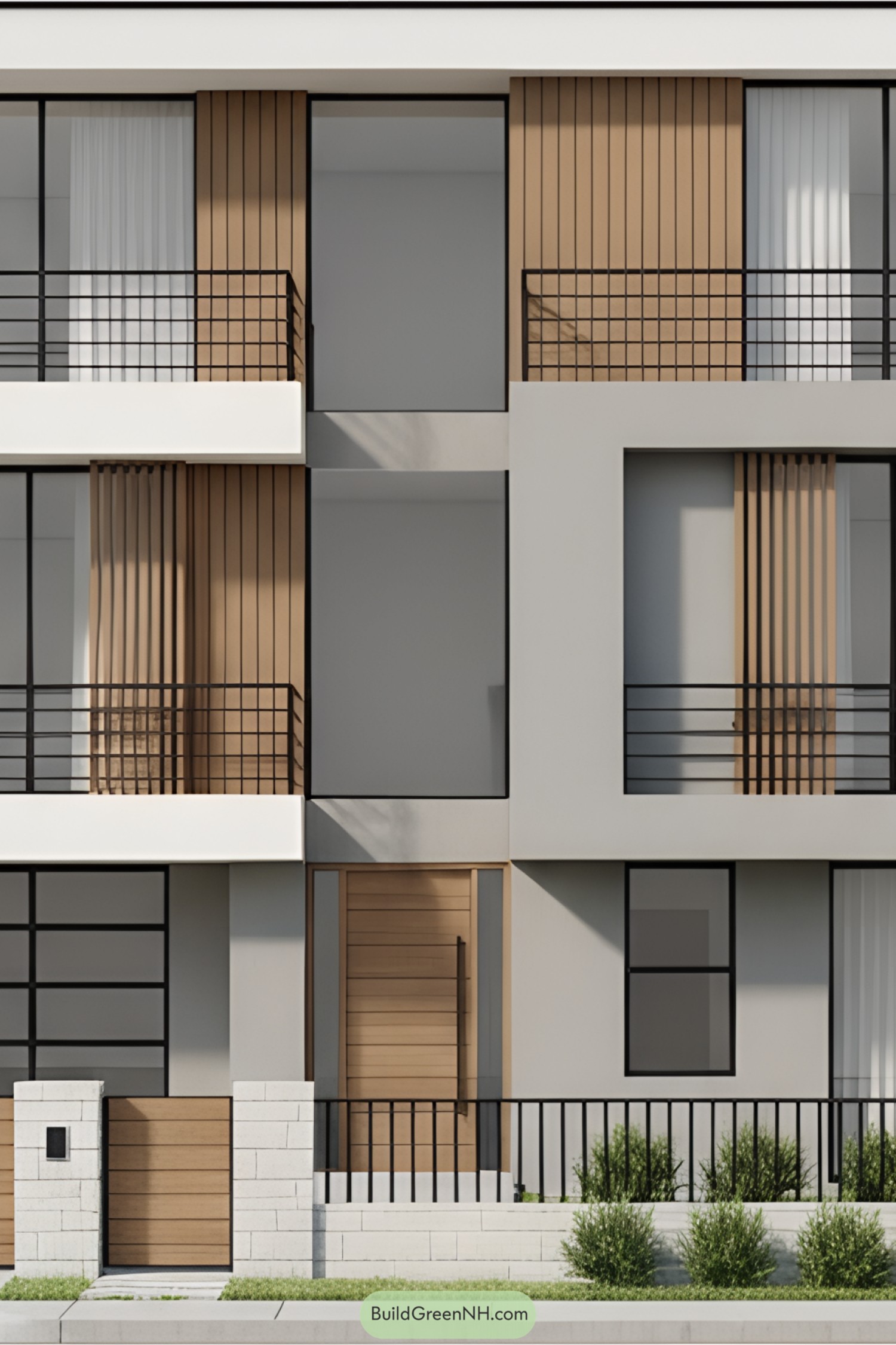 3D elevation of a modern two-story house with sleek lines and wood accents