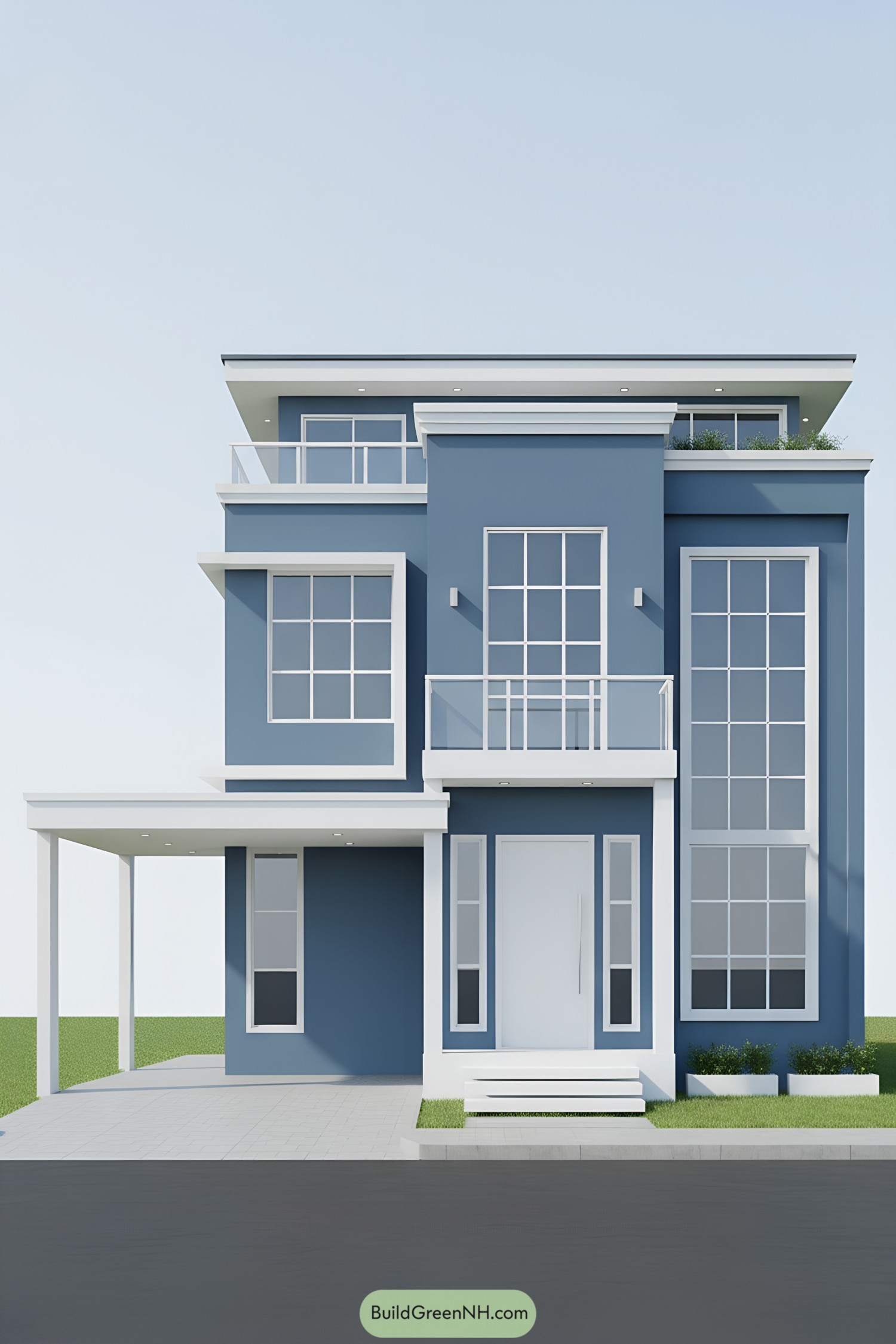 Modern two-story house with blue facade and large windows