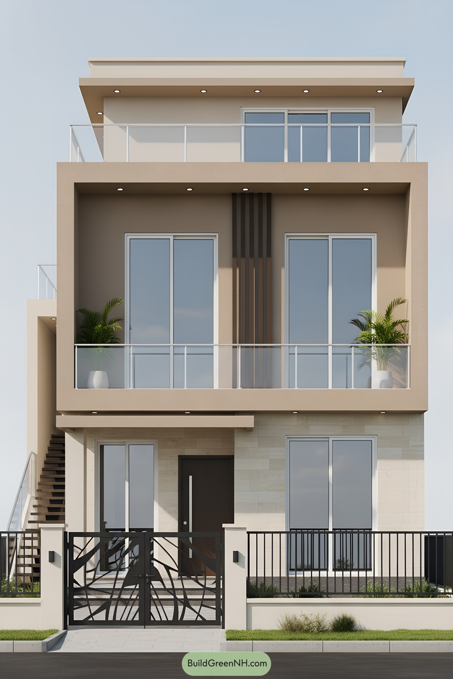 Modern two-story house with large windows and balcony