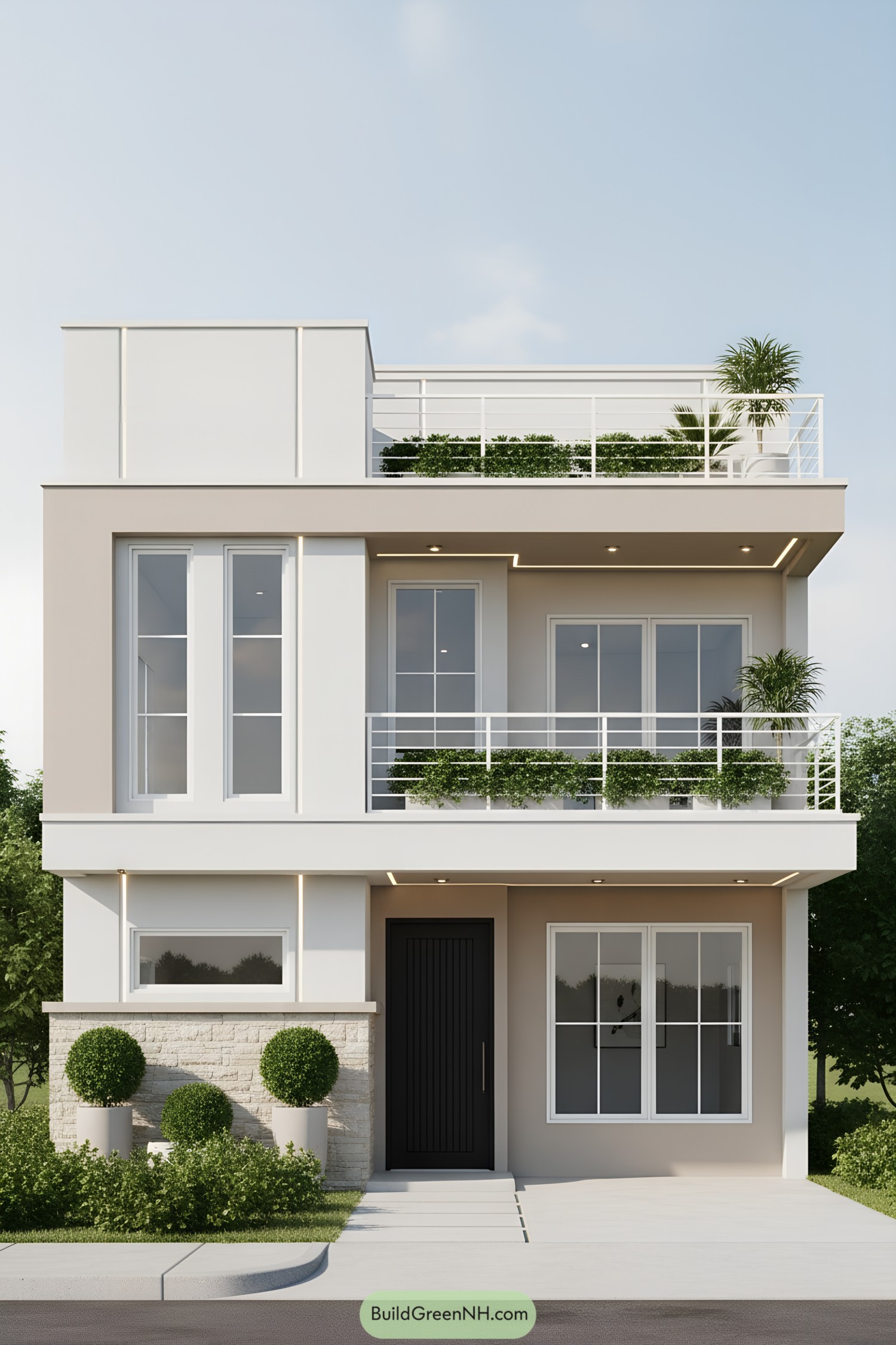 Modern two-story house with lush balconies