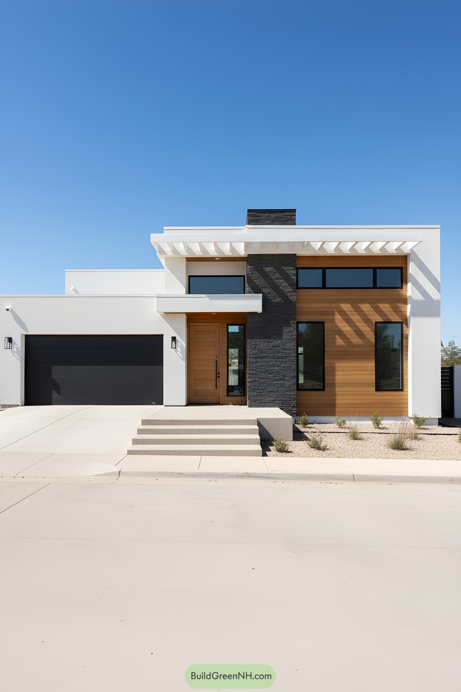 Modern single-floor house with wood accents and black features