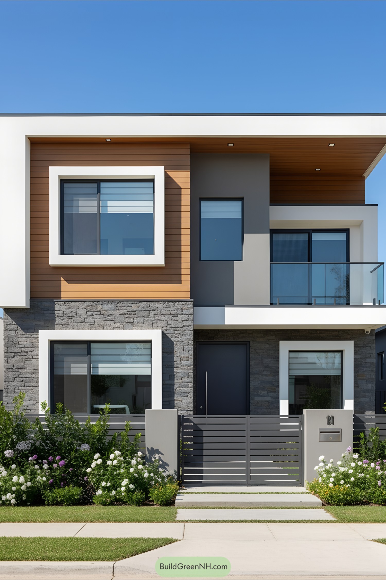 Modern single-story home with sleek design and lush landscaping